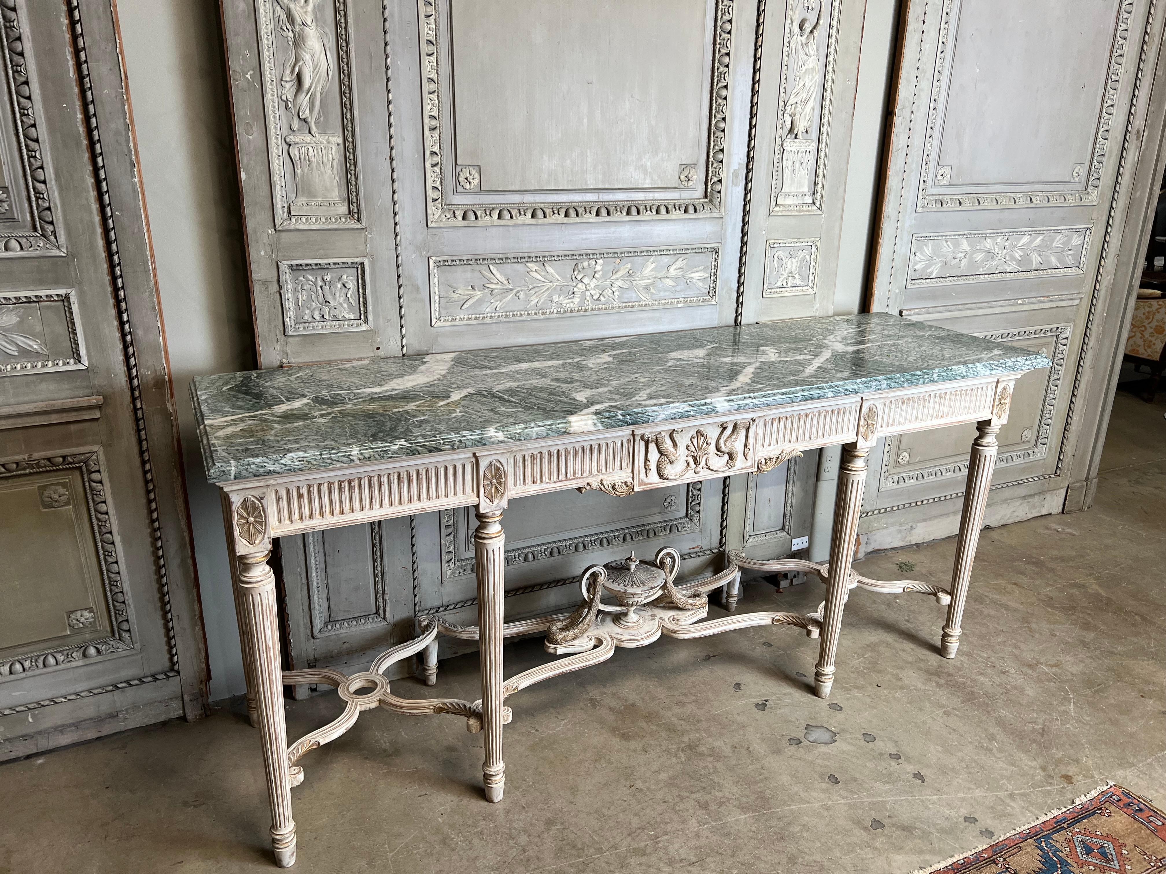 French Louis XVI Style Console Table with a White Finish And Green Marble Top 1