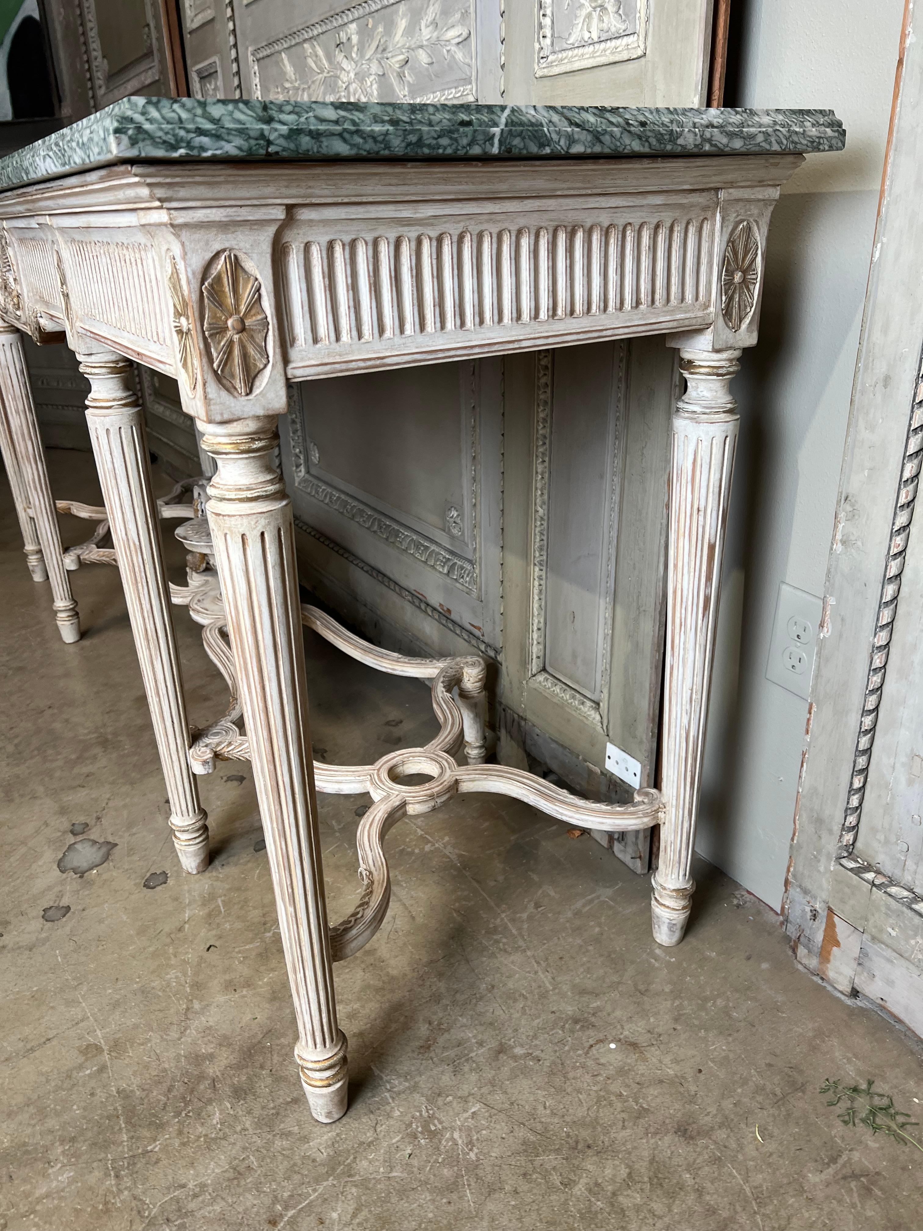 French Louis XVI Style Console Table with a White Finish And Green Marble Top 2