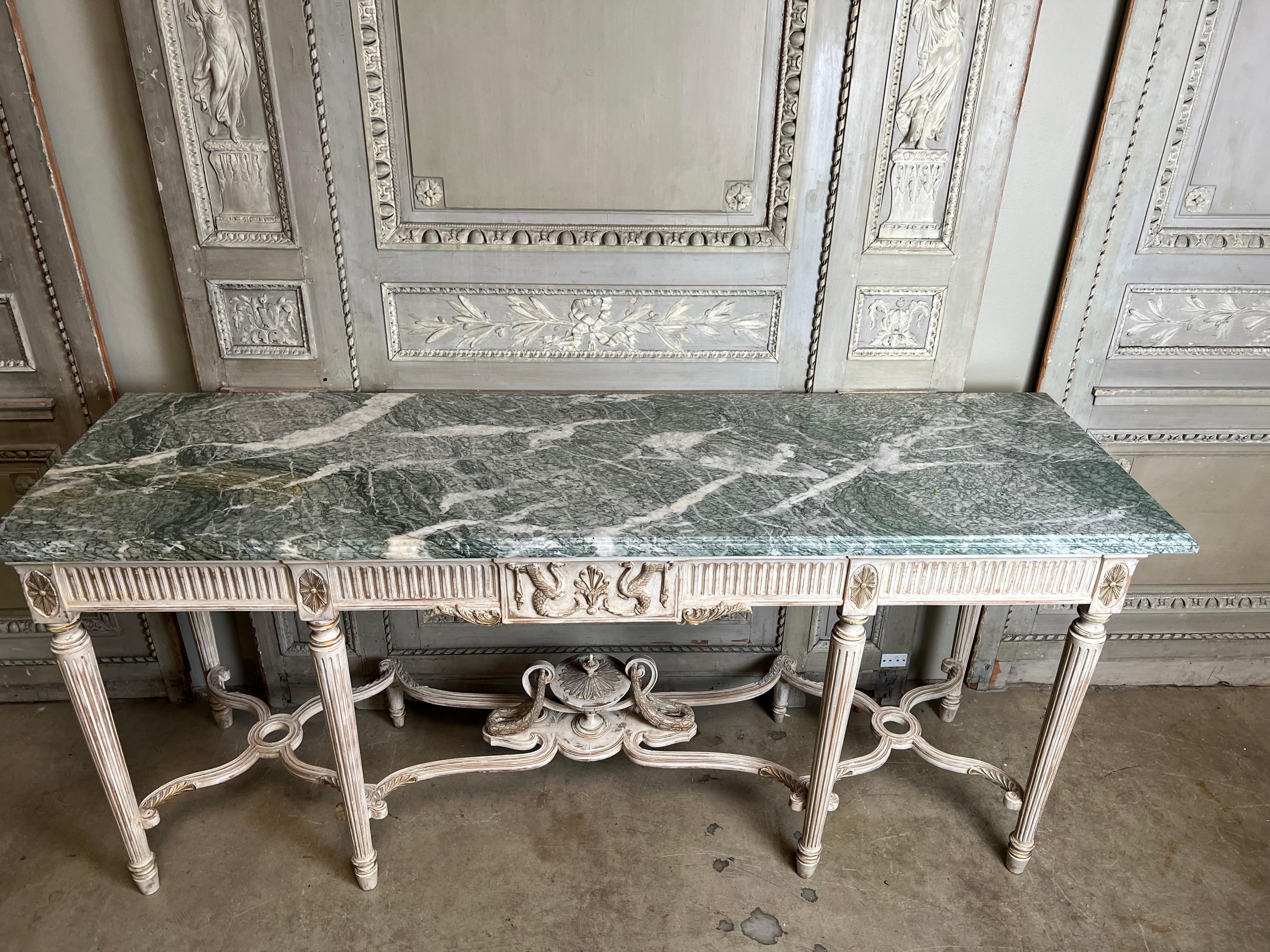 French Louis XVI Style Console Table with a White Finish And Green Marble Top 3