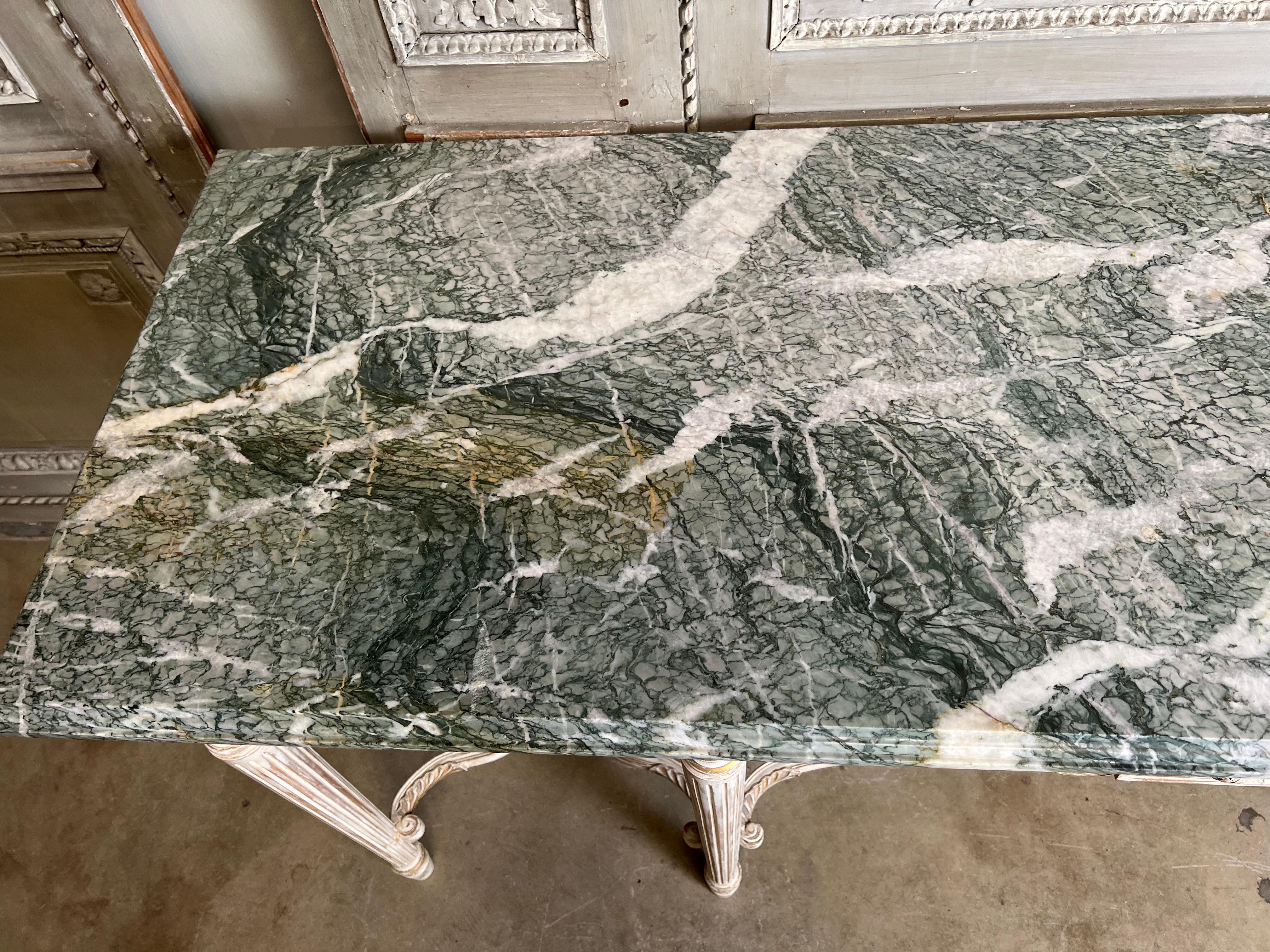 French Louis XVI Style Console Table with a White Finish And Green Marble Top 4