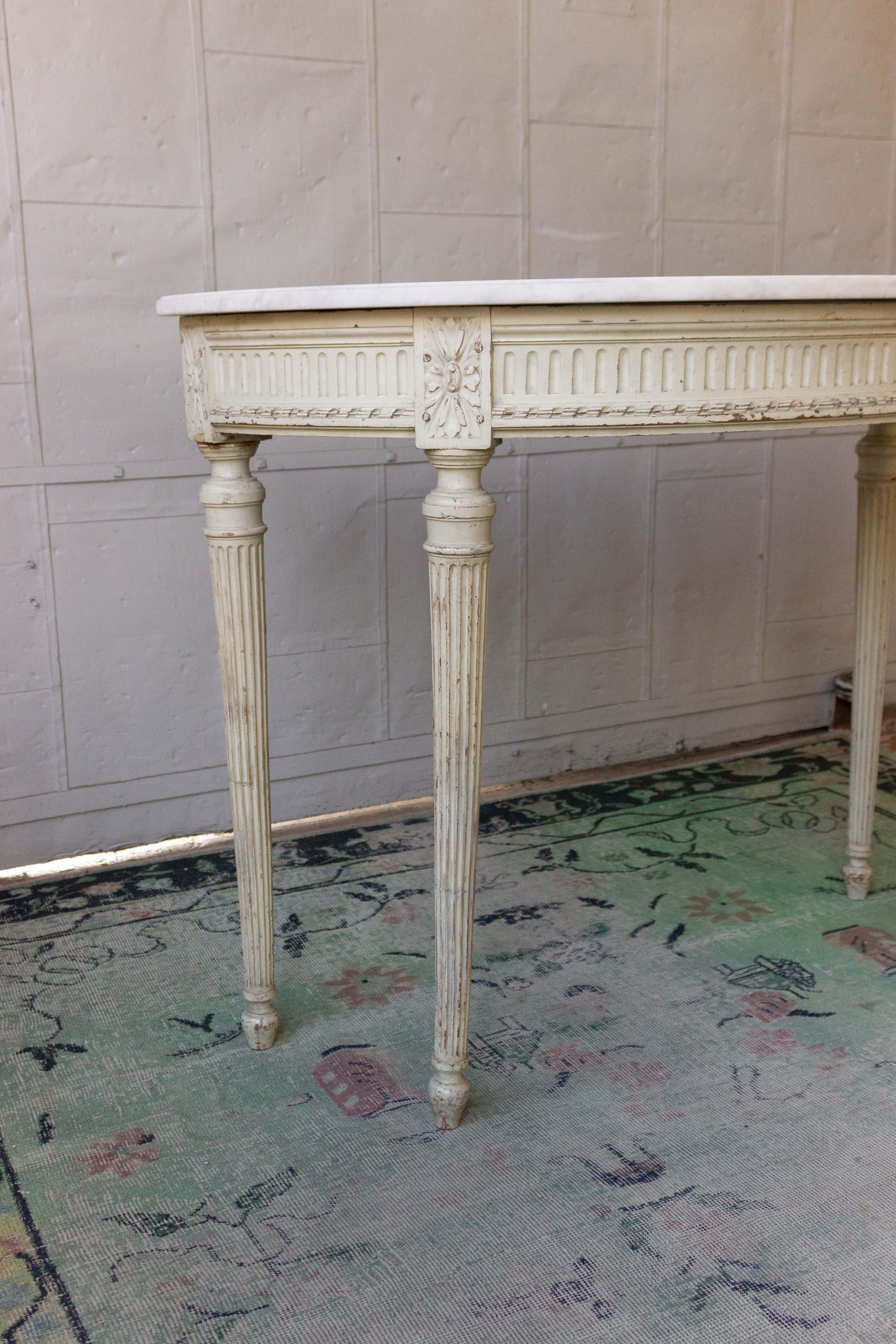 Hand-Painted French Louis XVI Style Demi-Lune Console with Marble Top