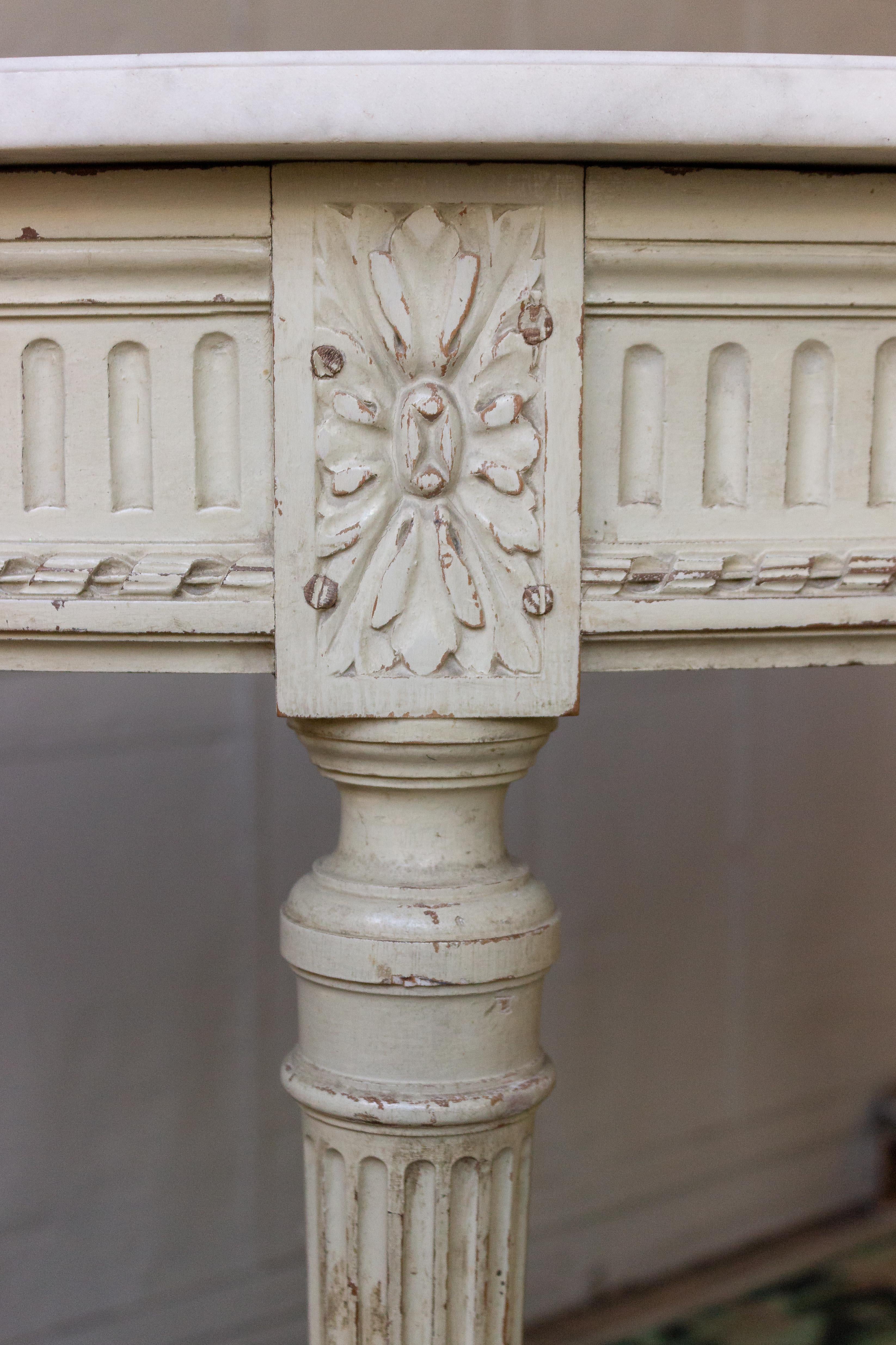 French Louis XVI Style Demi-Lune Console with Marble Top In Good Condition In Buchanan, NY