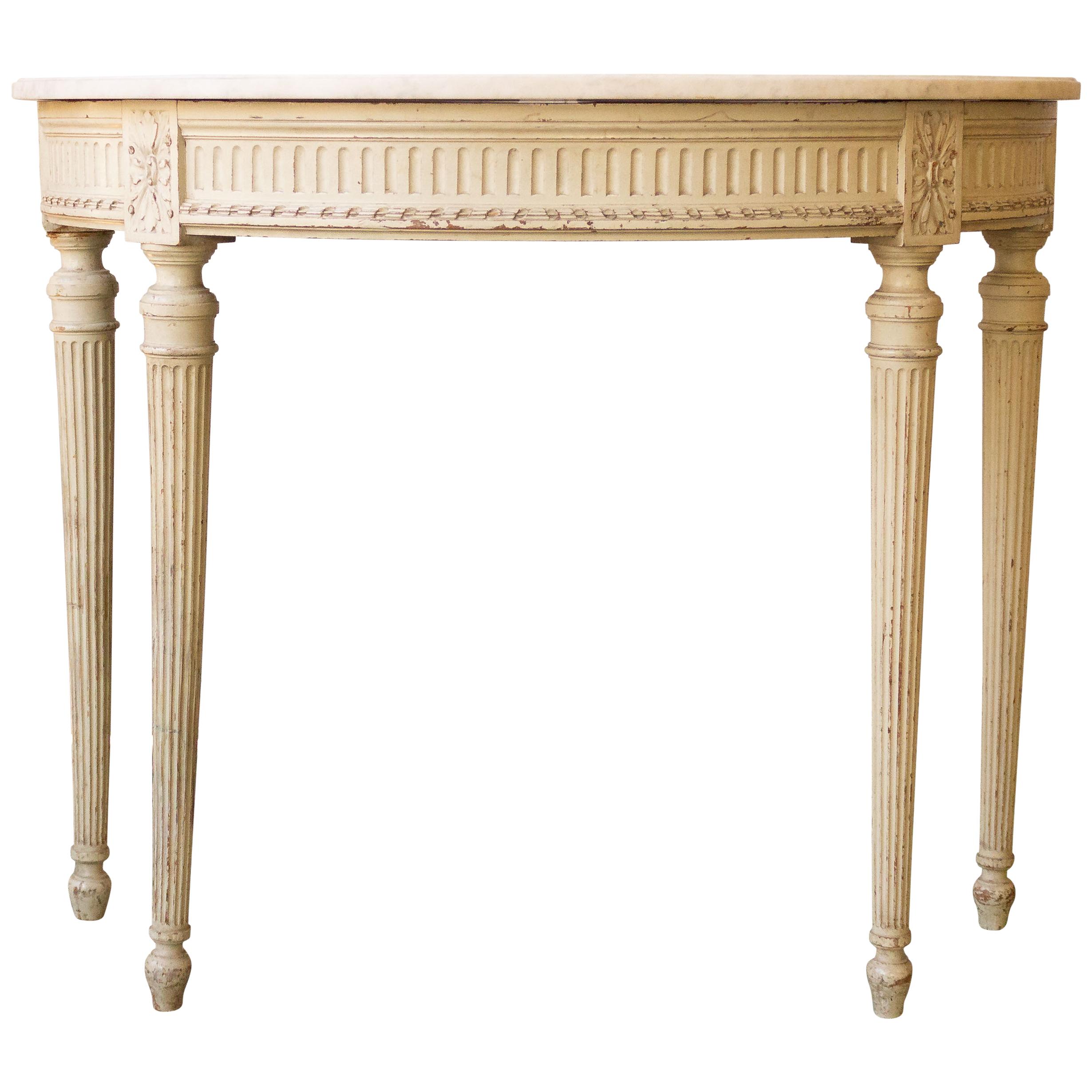 French Louis XVI Style Demi-Lune Console with Marble Top