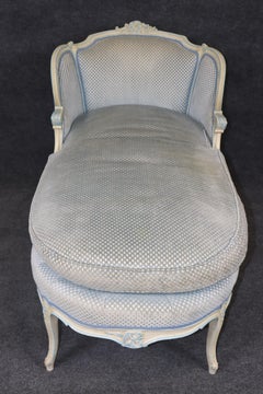French Louis XVI Style Creme & Blue Accent Paint Decorated Chaise Lounge