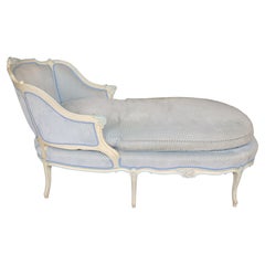 French Louis XVI Style Creme & Blue Accent Paint Decorated Chaise Lounge