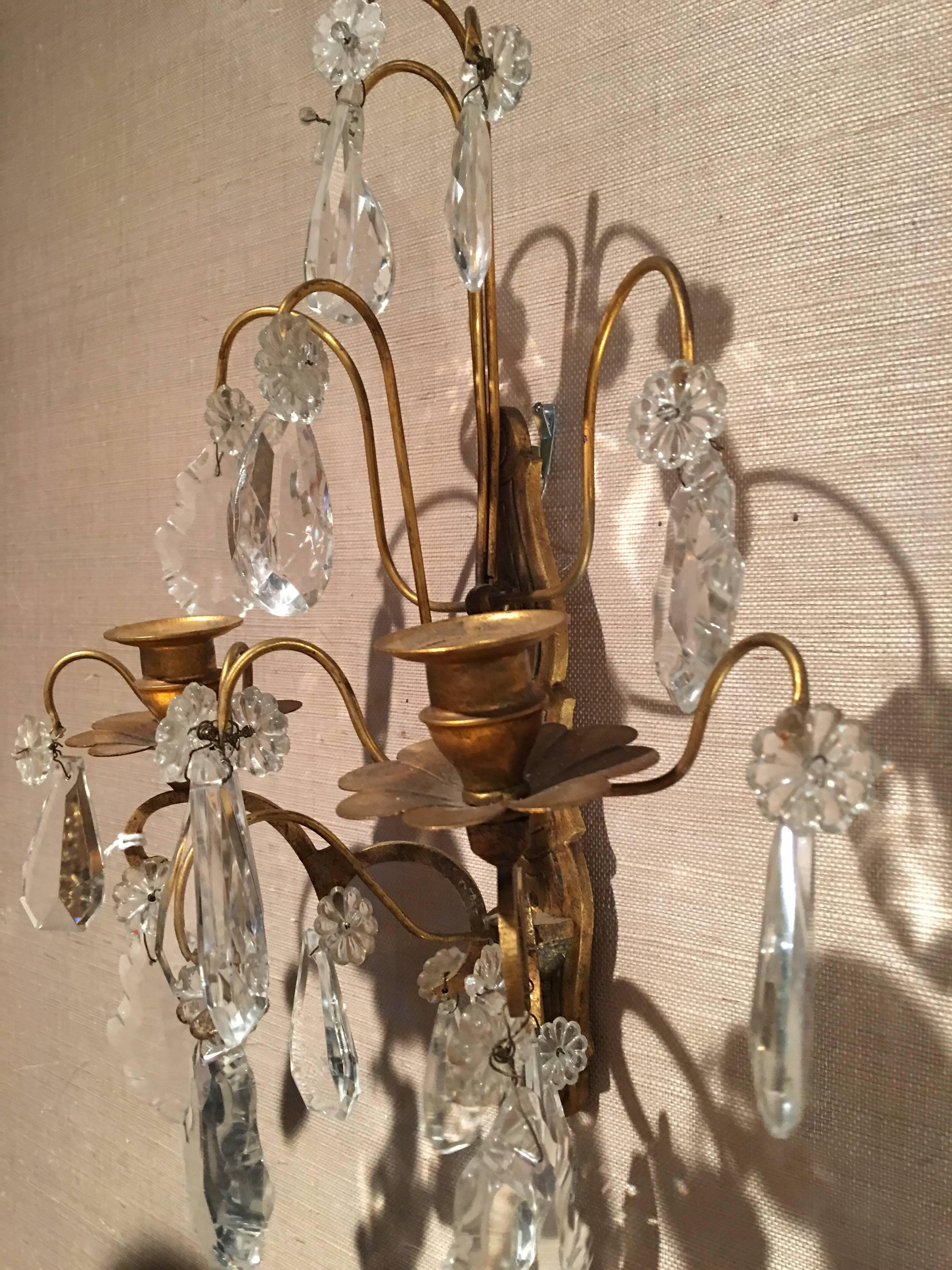 French Louis XVI Style Crystal and Brass Two Candle Sconce, 19th Century In Excellent Condition In Savannah, GA