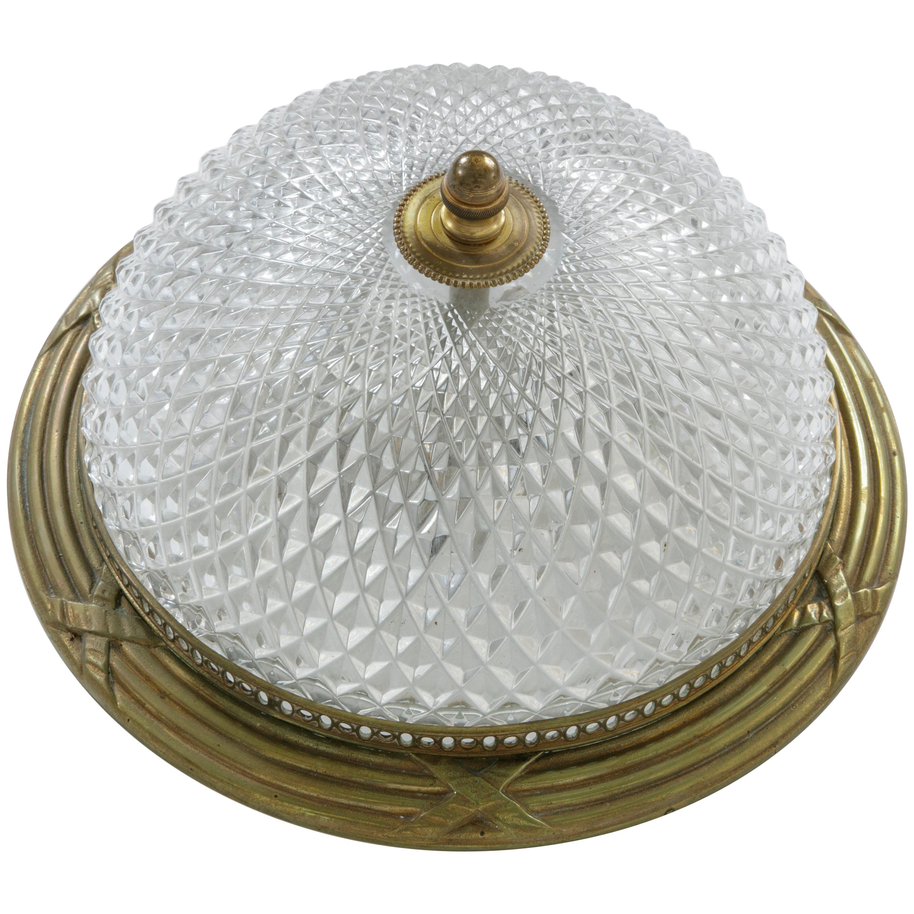 French Louis XVI Style Crystal and Bronze Flush Mount Ceiling Light