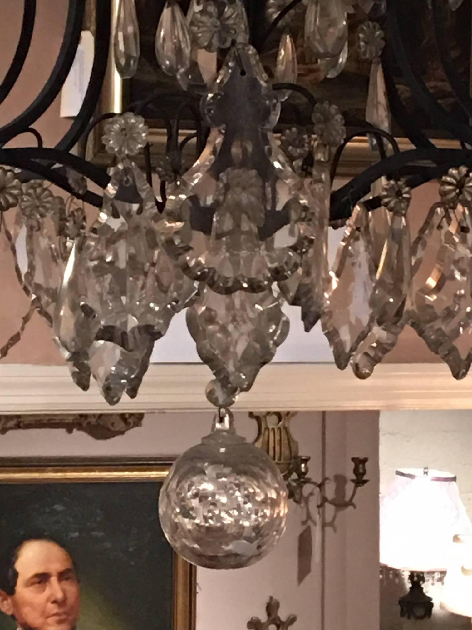 French Louis XVI Style Crystal and Iron Eight-Light Chandelier, 19th Century In Good Condition In Savannah, GA