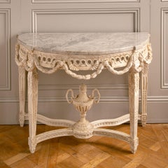 French Louis XVI Style Demi-Lune Console With Marble by La Maison London
