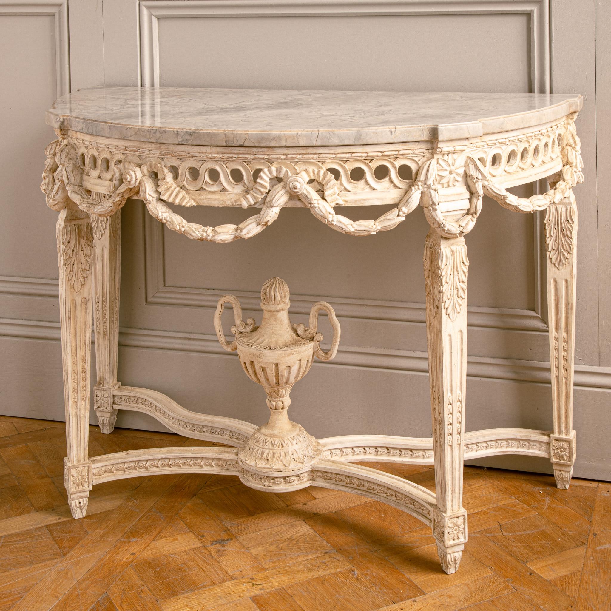 British French Louis XVI Style Demi-Lune Console With Marble by La Maison London For Sale