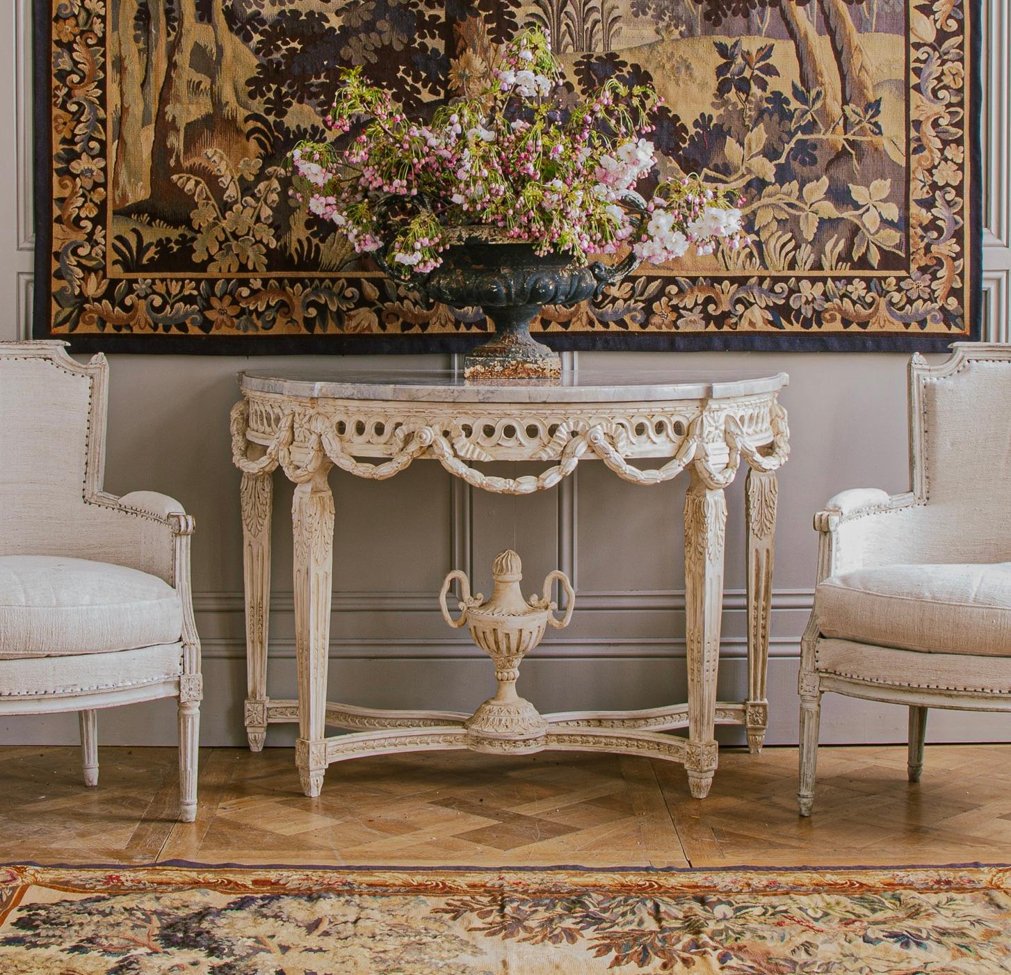 Hand-Carved French Louis XVI Style Demi-Lune Console With Marble by La Maison London For Sale