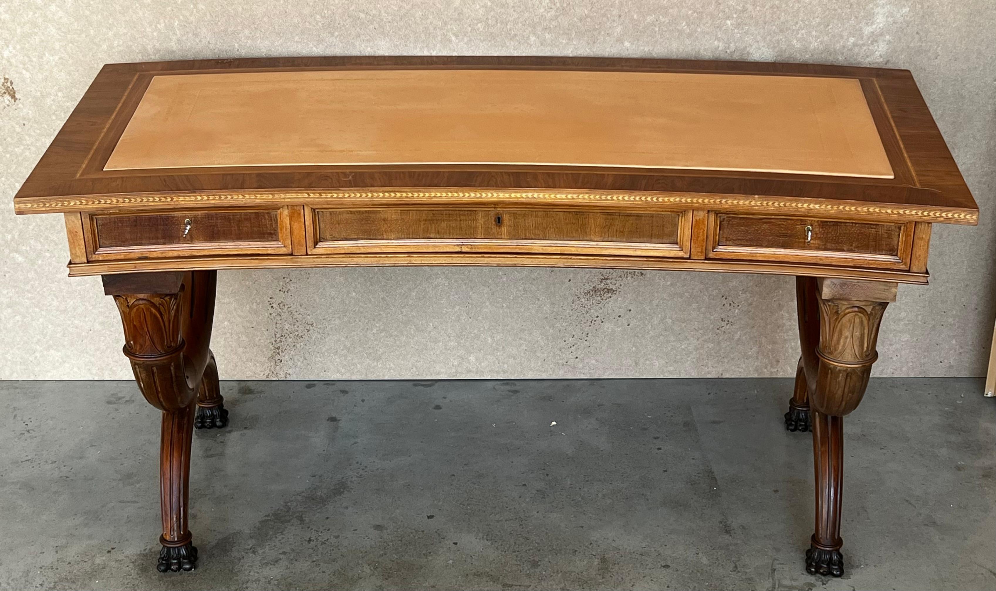 French Louis XVI Style Demilune Writing Desk Bureauplatt with Leather Top In Good Condition In Miami, FL