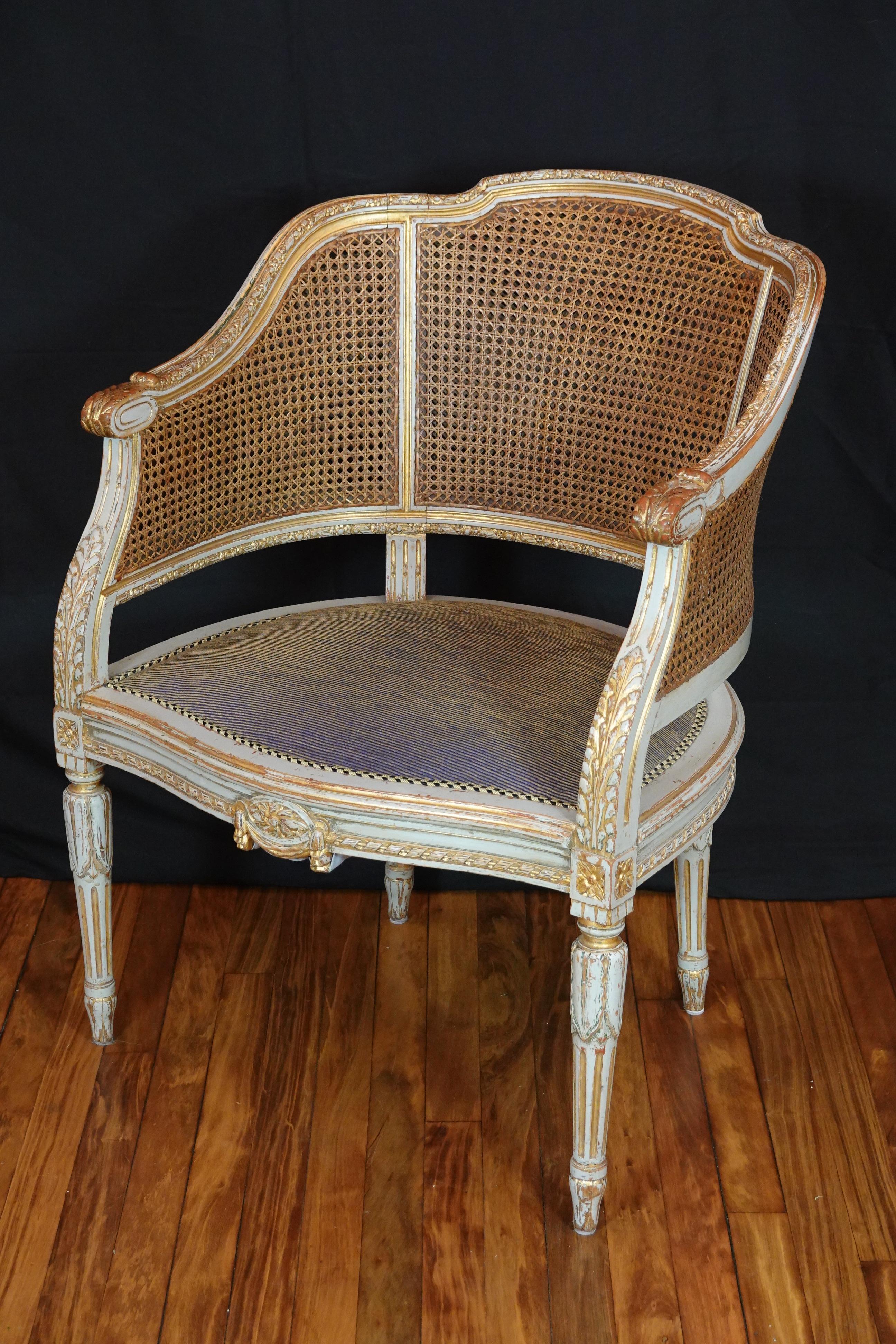 French Louis XVI Style Desk Chair with Caned Back and Upholstered Seat 3