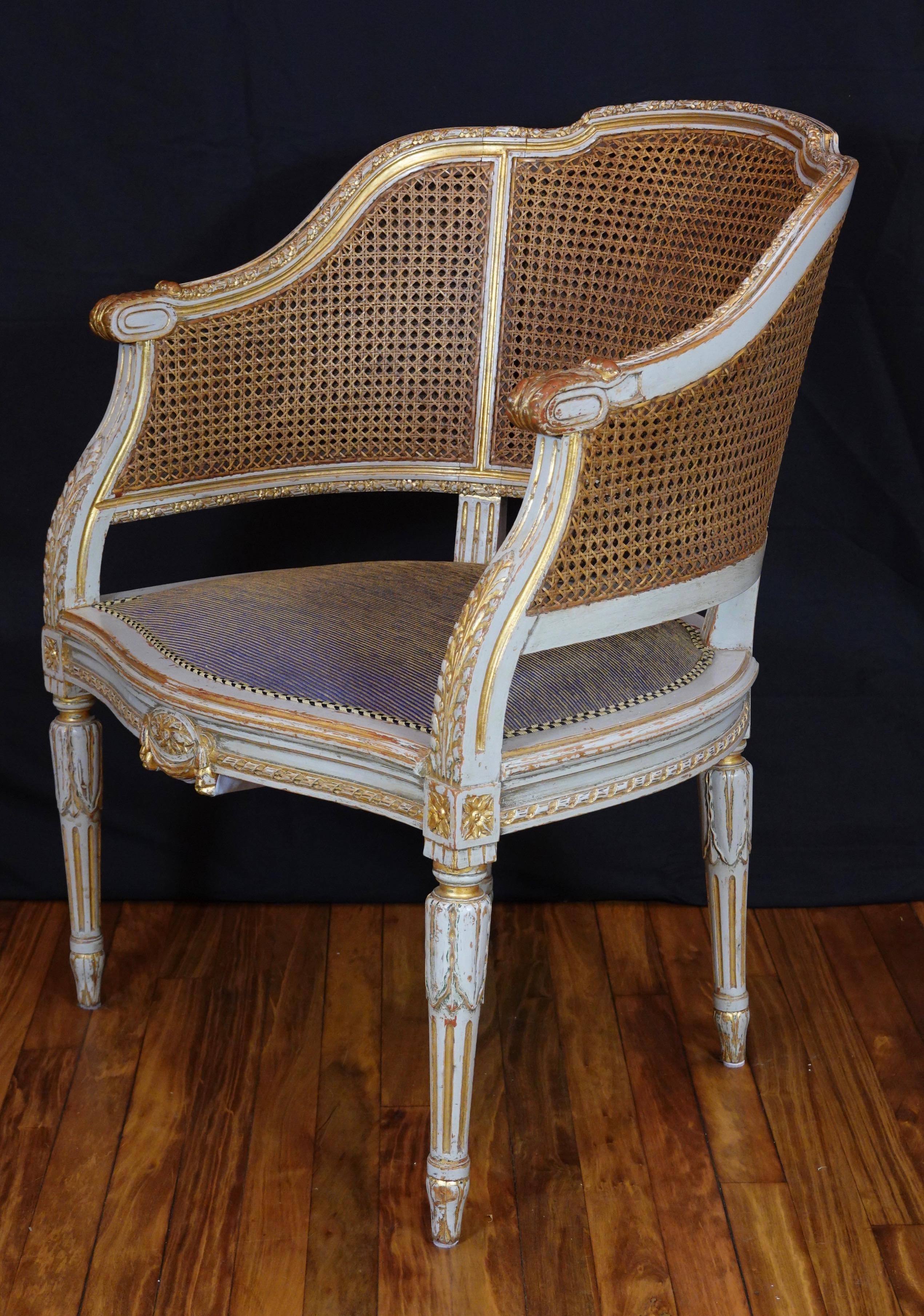 French Louis XVI Style Desk Chair with Caned Back and Upholstered Seat 4