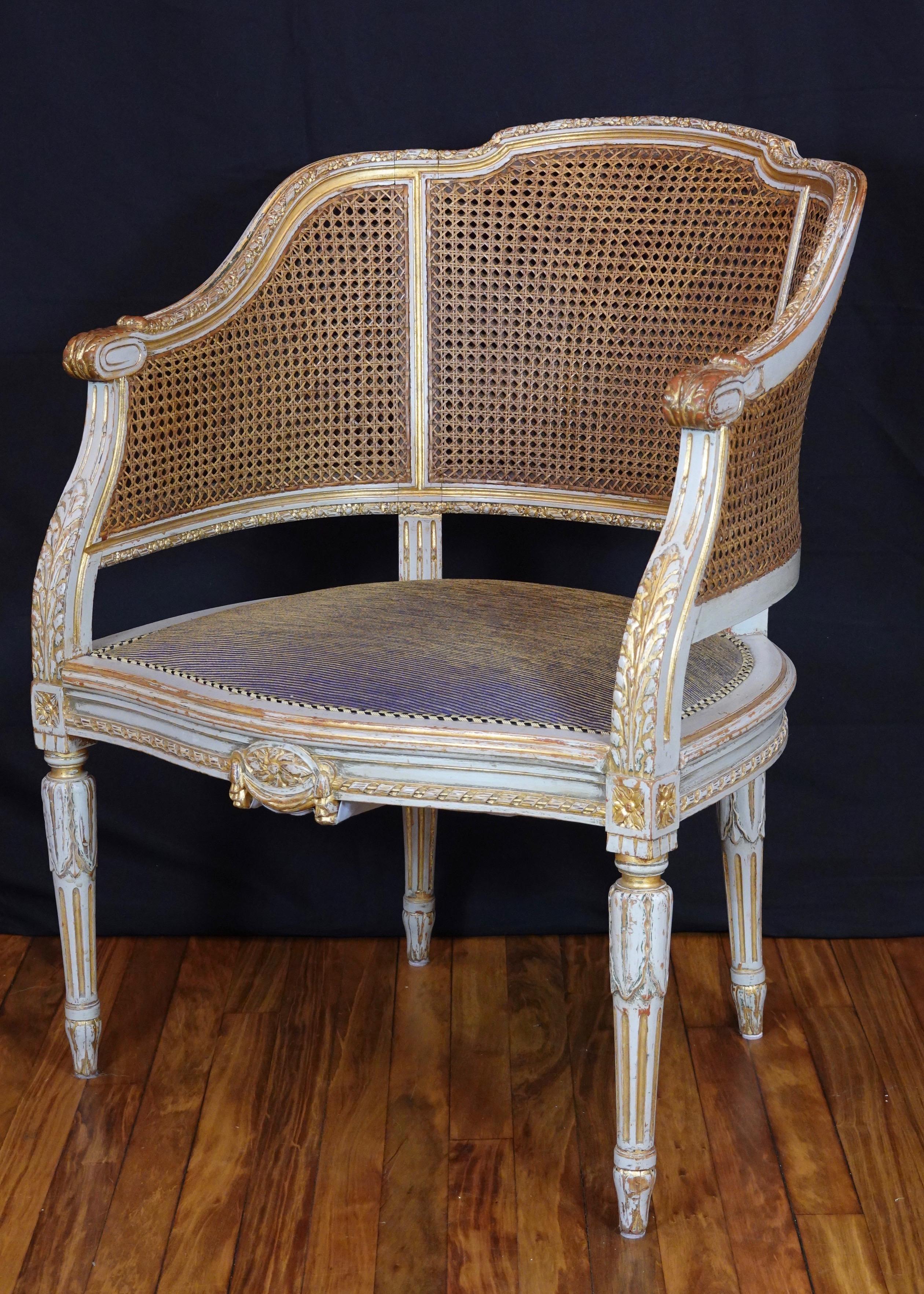 French Louis XVI Style Desk Chair with Caned Back and Upholstered Seat 6