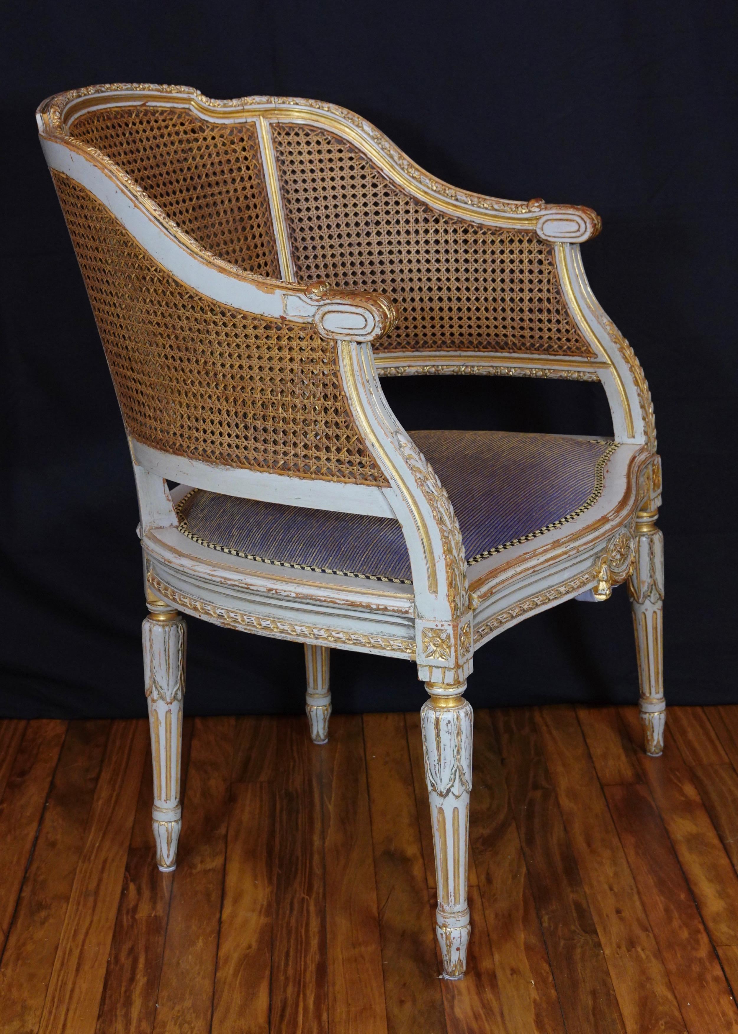 Polychromed French Louis XVI Style Desk Chair with Caned Back and Upholstered Seat