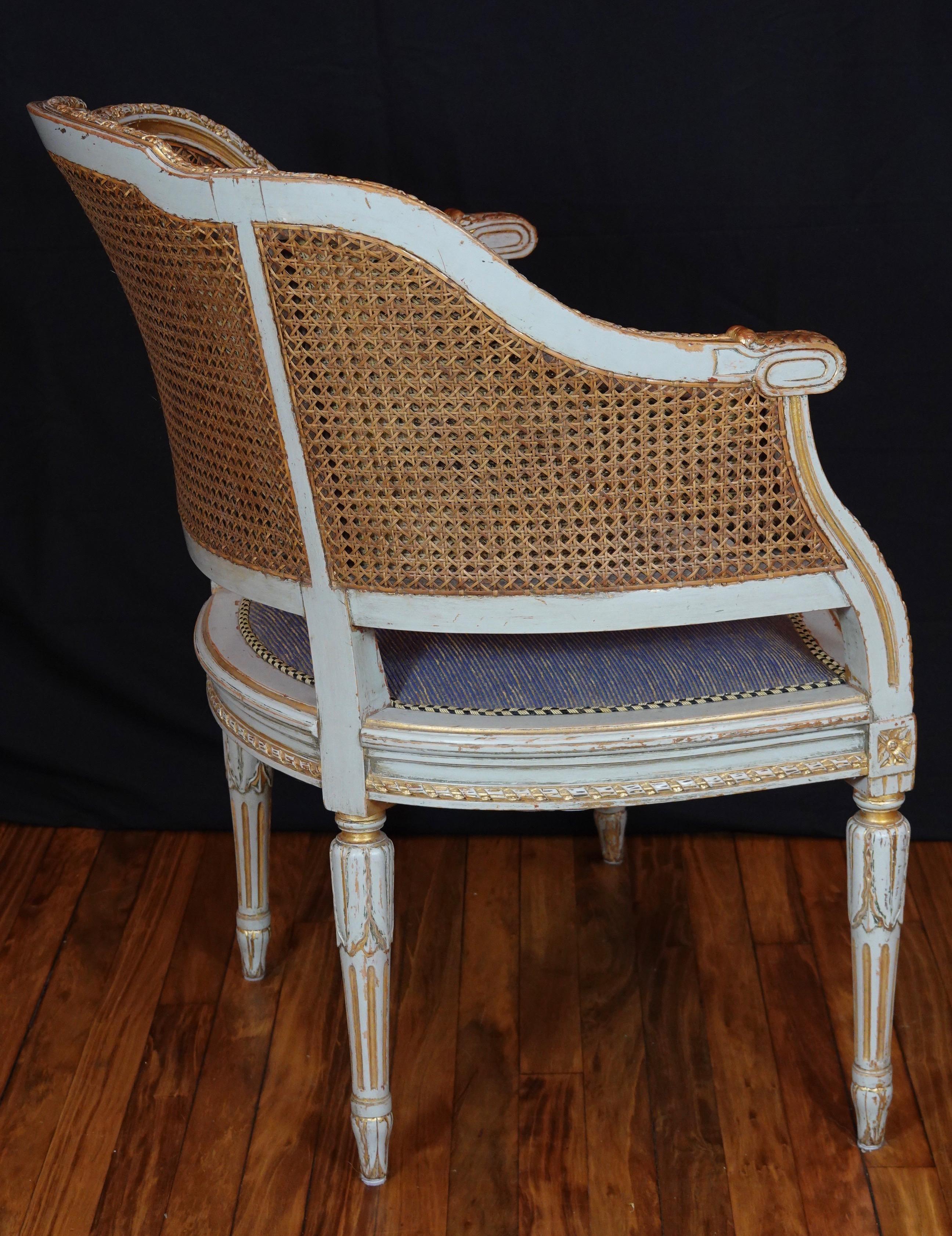 French Louis XVI Style Desk Chair with Caned Back and Upholstered Seat In Good Condition In Pembroke, MA