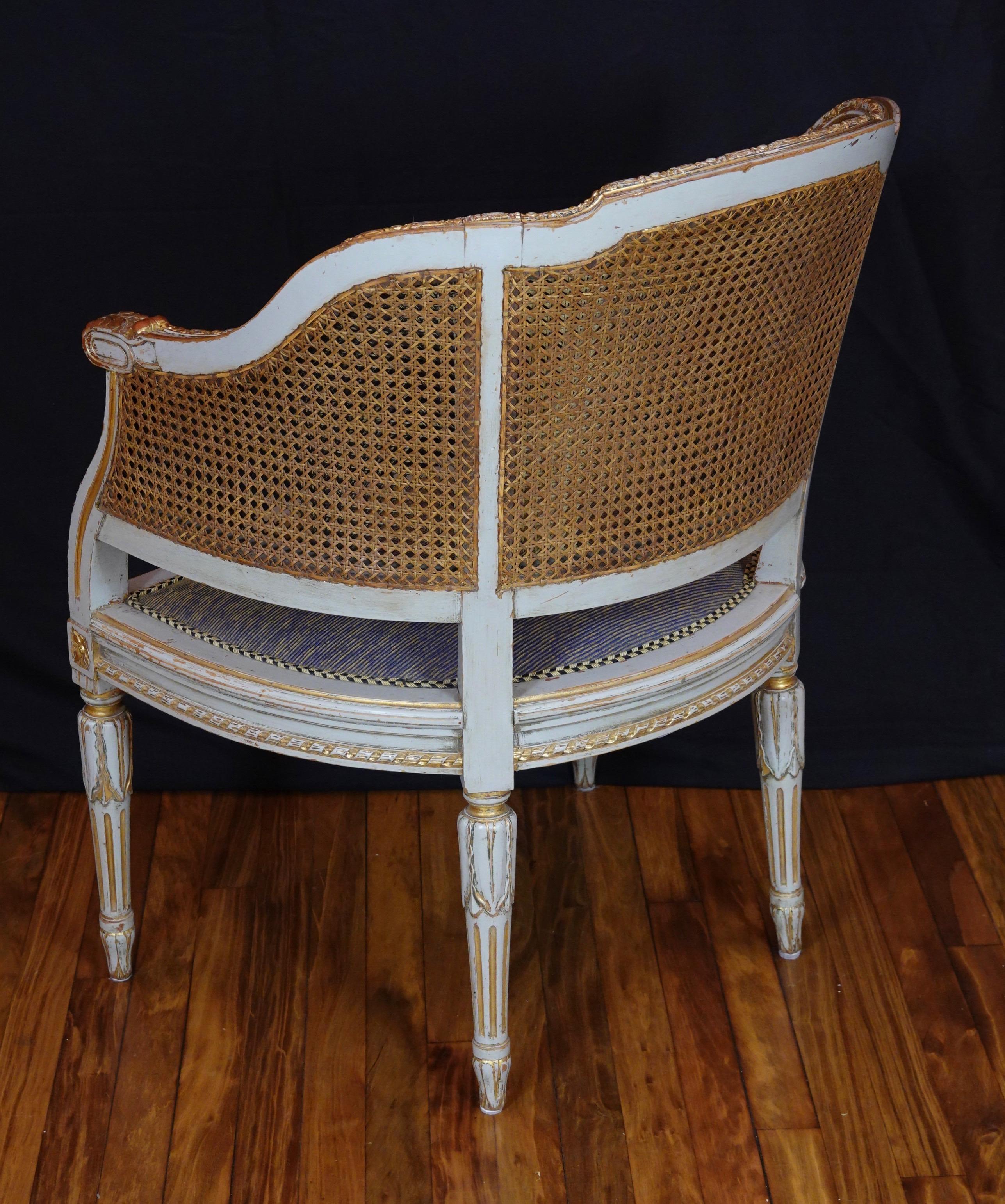 Fabric French Louis XVI Style Desk Chair with Caned Back and Upholstered Seat