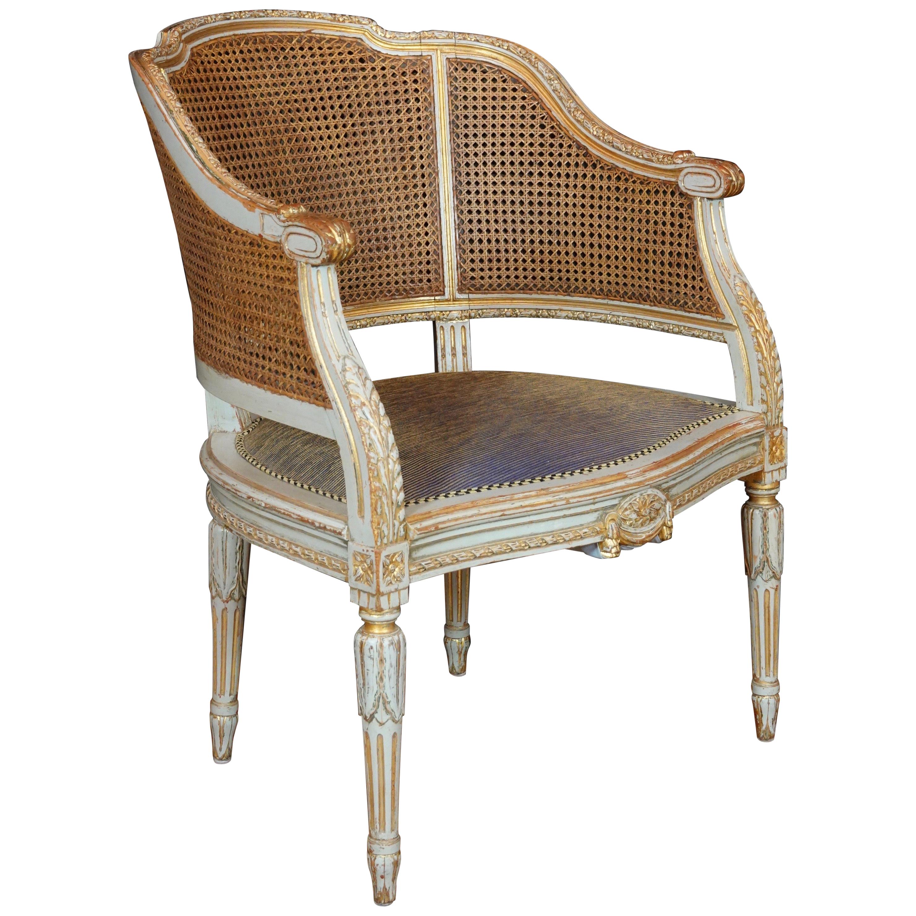 French Louis XVI Style Desk Chair with Caned Back and Upholstered Seat