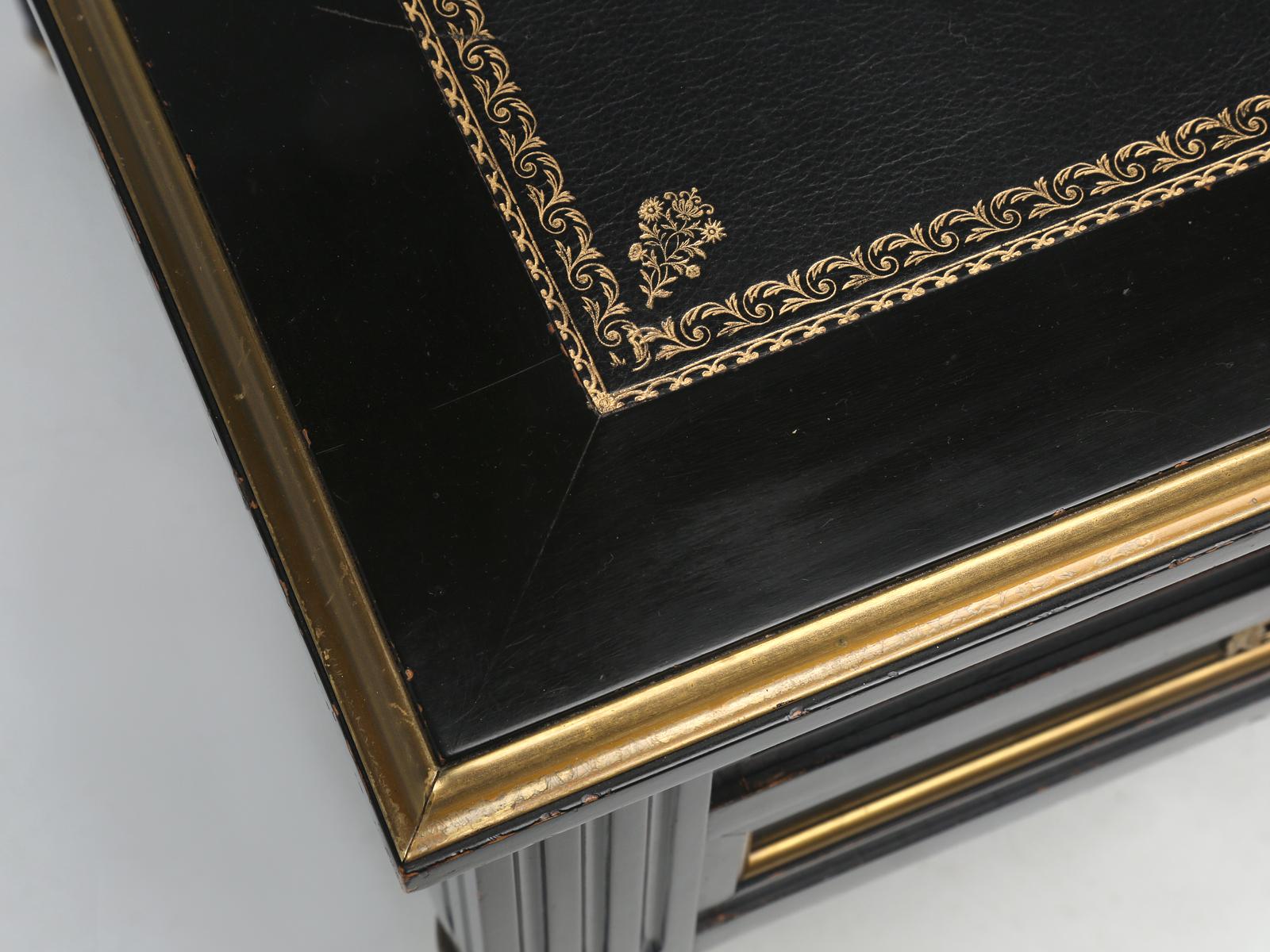 Painted French Louis XVI Style Desk in Black Lacquer and Black Leather