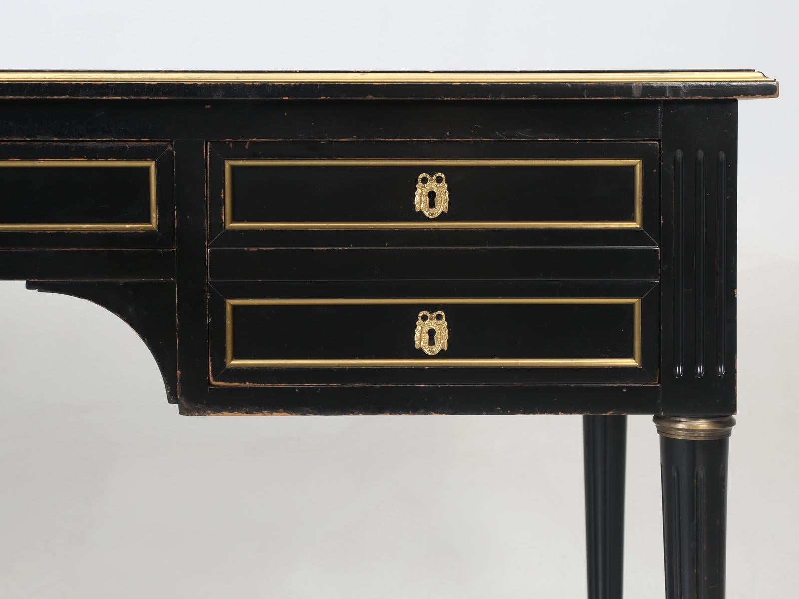 Wood French Louis XVI Style Desk in Black Lacquer and Black Leather