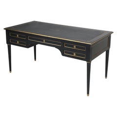 French Louis XVI Style Desk in Black Lacquer and Black Leather