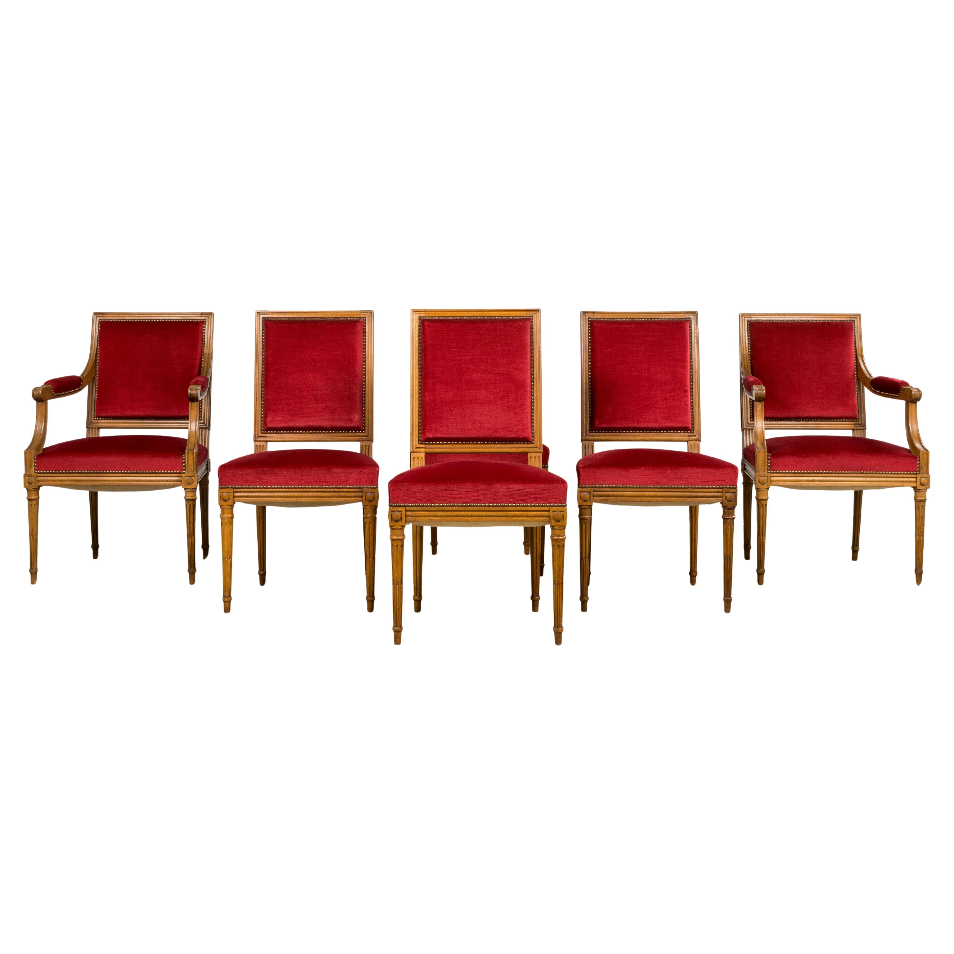 Chaises de salle à manger de style Louis XVI en velours rouge - Lot de 6