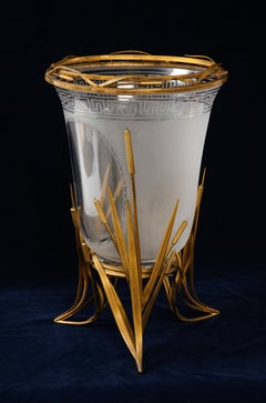 French Japonisme Dore Bronze Mnt. Aquatic Inspired Carved Crystal Centerpc