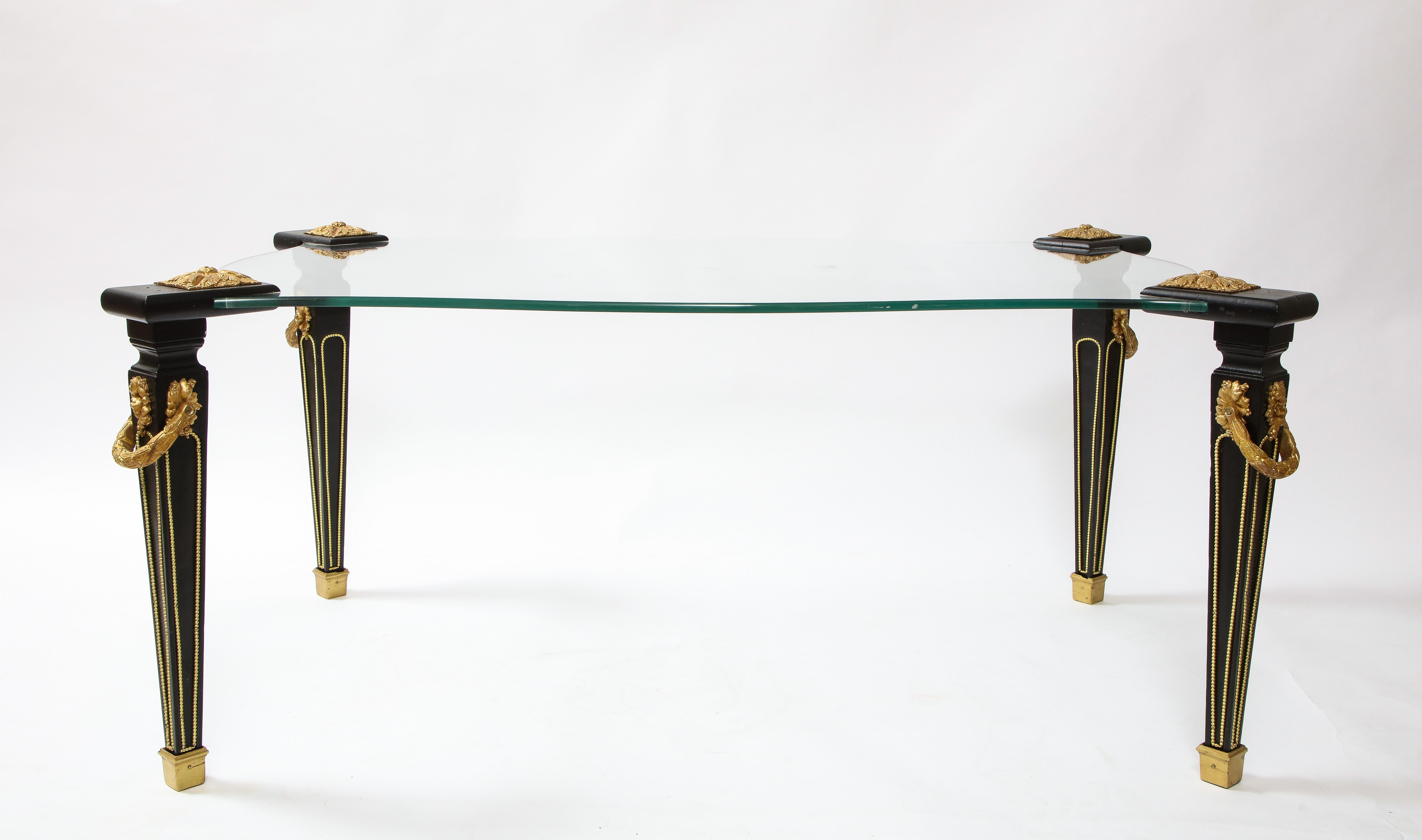 Hand-Carved French Louis XVI Style Dore Bronze Mounted Patinated Wood and Glass Center Table For Sale
