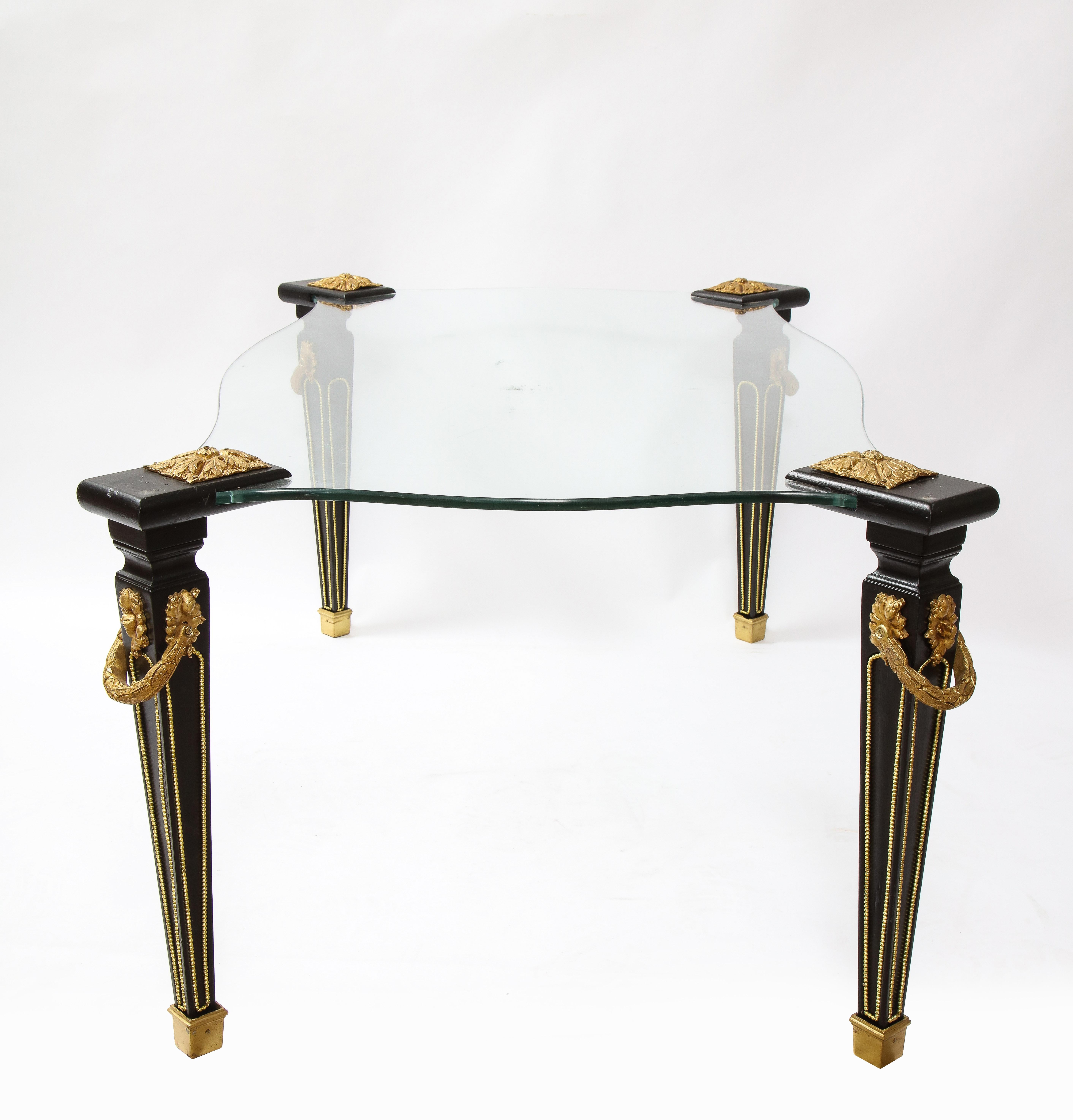 French Louis XVI Style Dore Bronze Mounted Patinated Wood and Glass Center Table In Good Condition For Sale In New York, NY