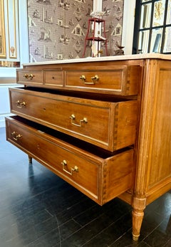 French Louis XVI Style Dresser, Pale Natural Wood with White Marble Top