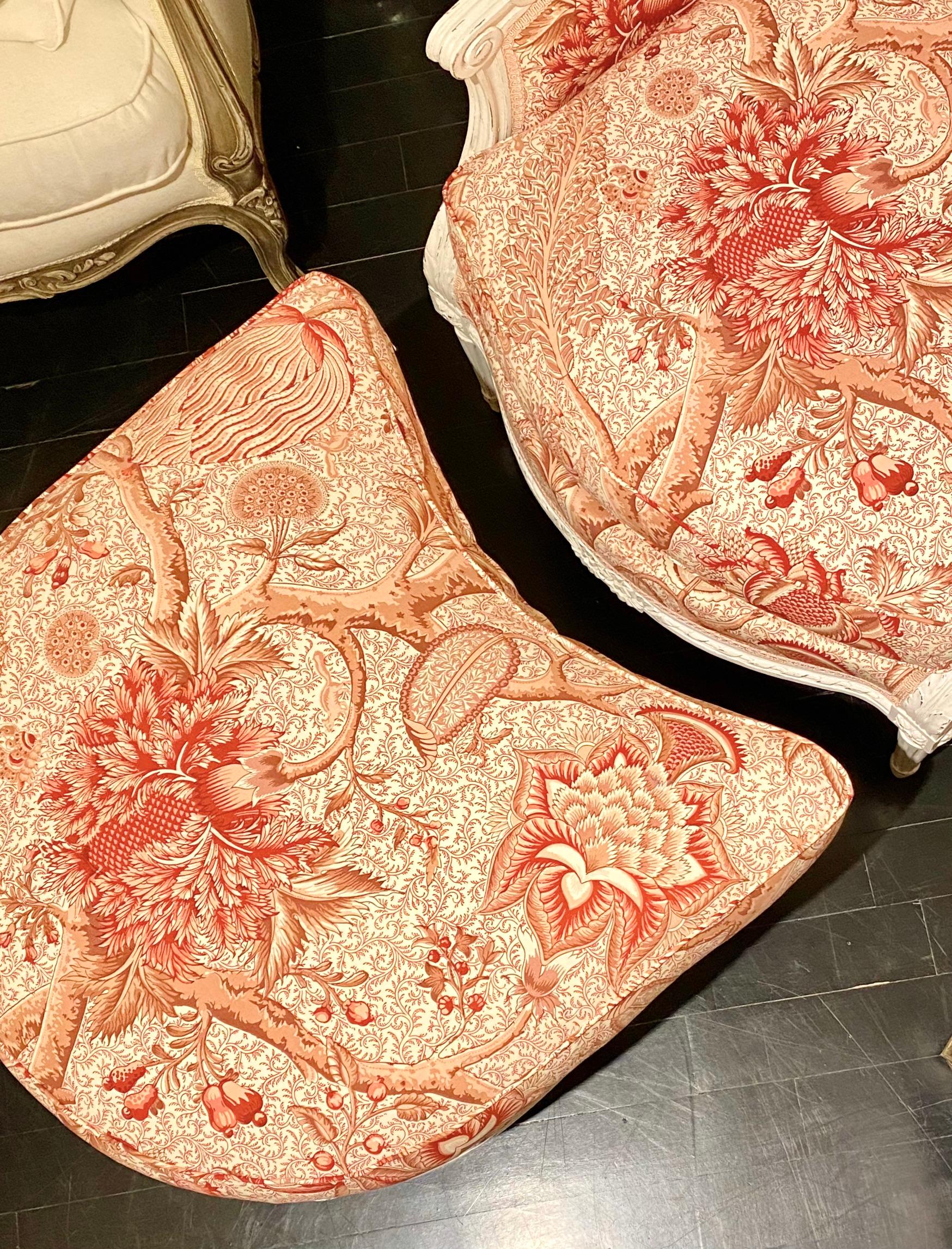 Cotton French Louis XVI Style Duchesse Brisée Chaise Upholstered in Braquenié Toile