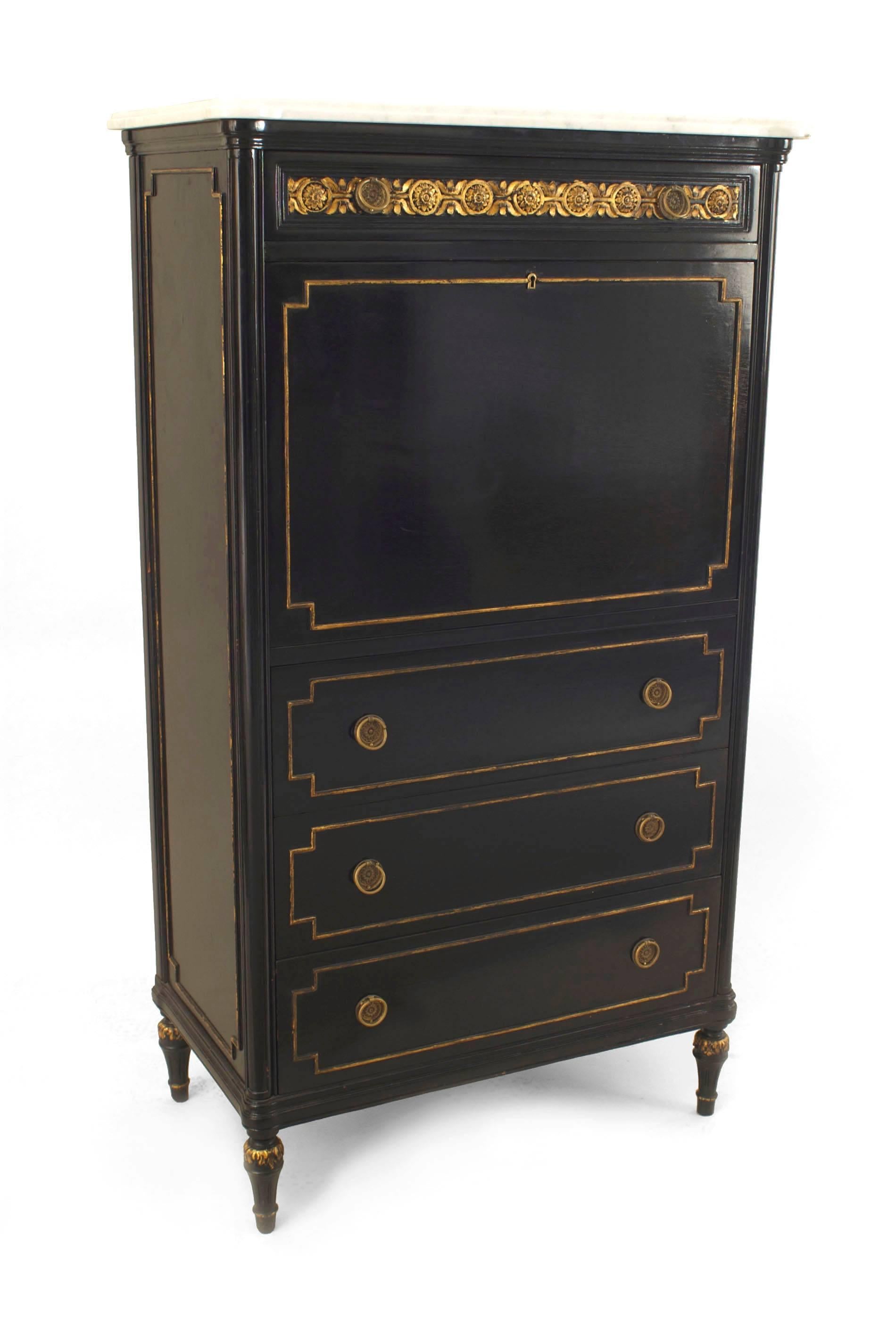 French Louis XVI-style (1940s) ebonized & bronze trim abbatant form desk with a drop front interior above 3 drawers and below a narrow drawer with a bronze design panel. (stamped: JANSEN)
