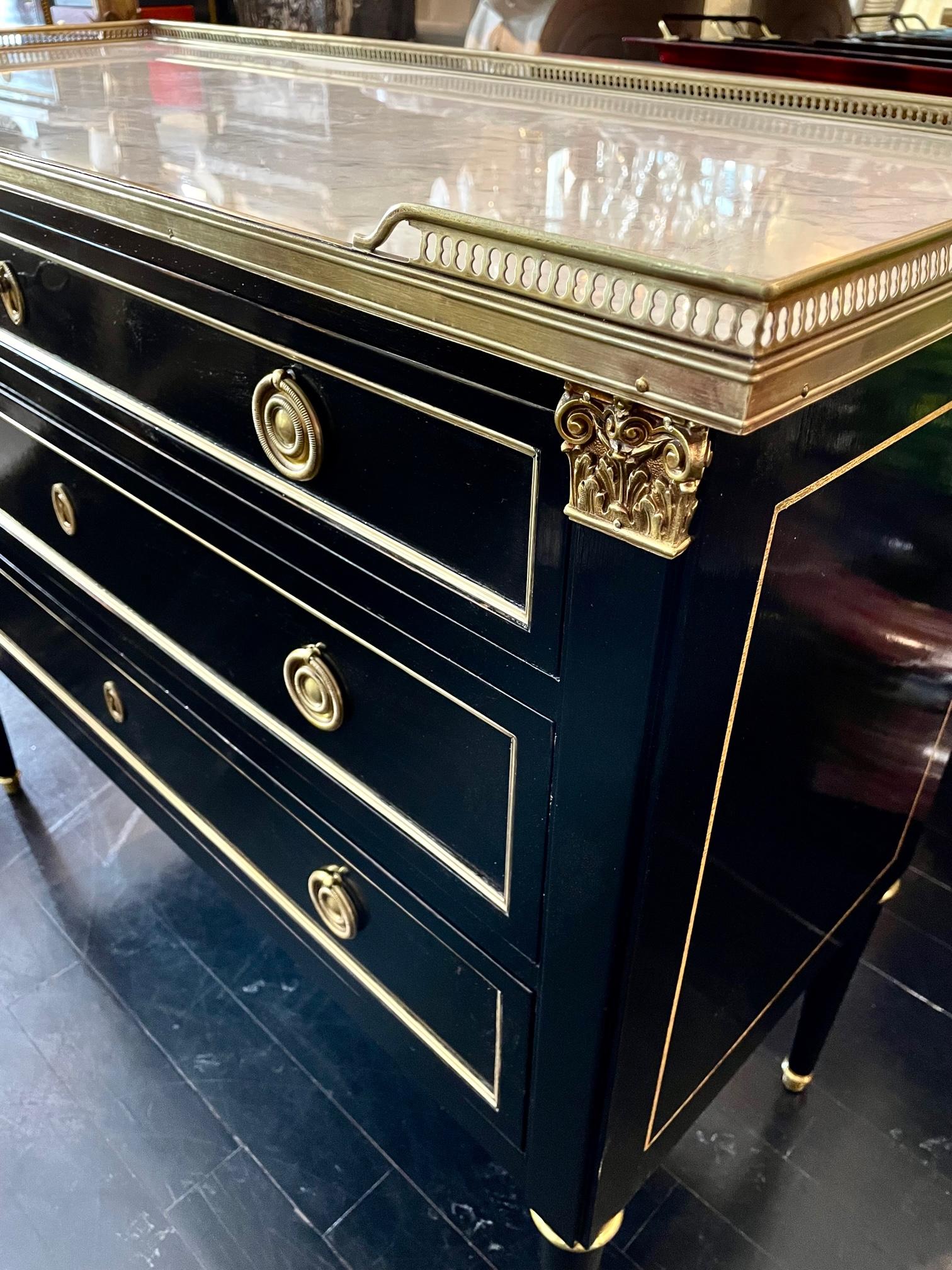 French Louis XVI Style Ebonized Black Commode Dresser, Marble Top, Bronze Mounts 5