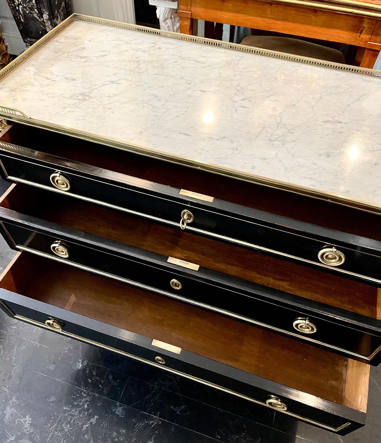 French Louis XVI Style Ebonized Black Commode Dresser, Marble Top, Bronze Mounts 8