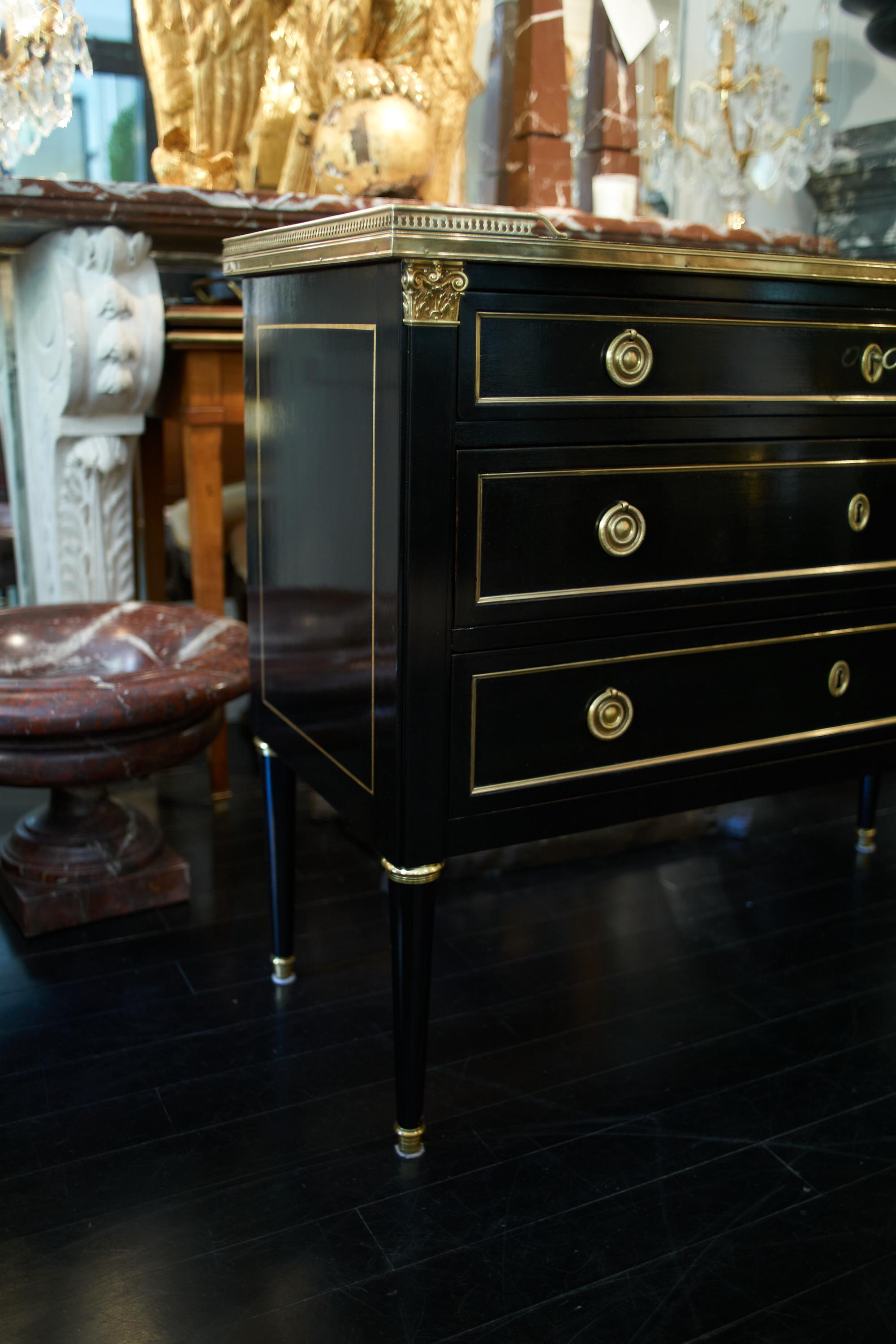 French Louis XVI Style Ebonized Black Commode Dresser, Marble Top, Bronze Mounts 11