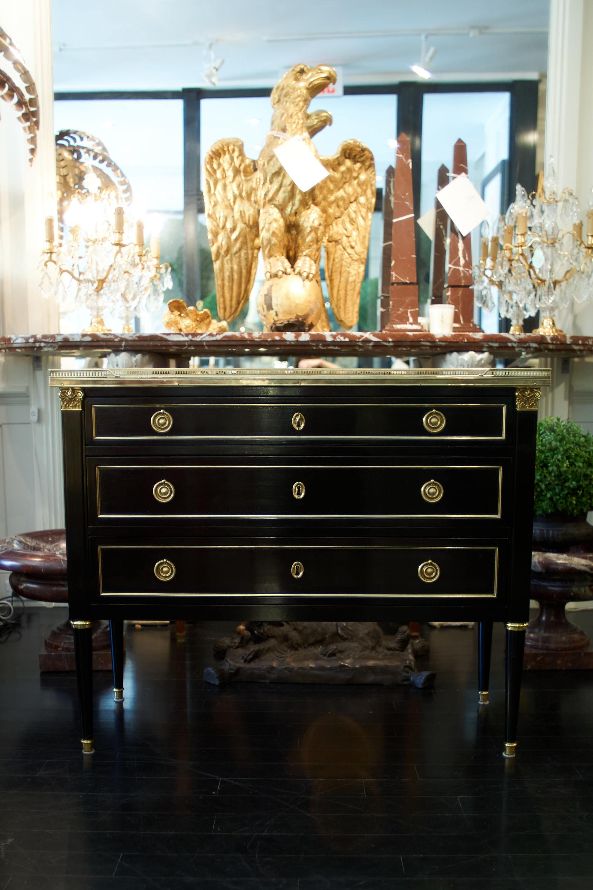 French Louis XVI style commode dresser, ebonized
Bronze mounts, three drawer.
Top drawer measures 33.25¨W x 13