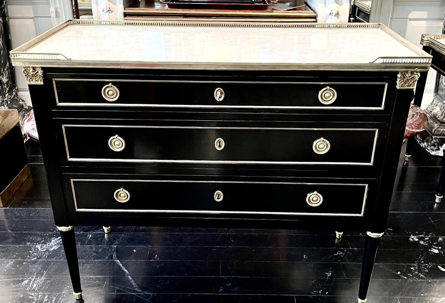 Gilt French Louis XVI Style Ebonized Black Commode Dresser, Marble Top, Bronze Mounts