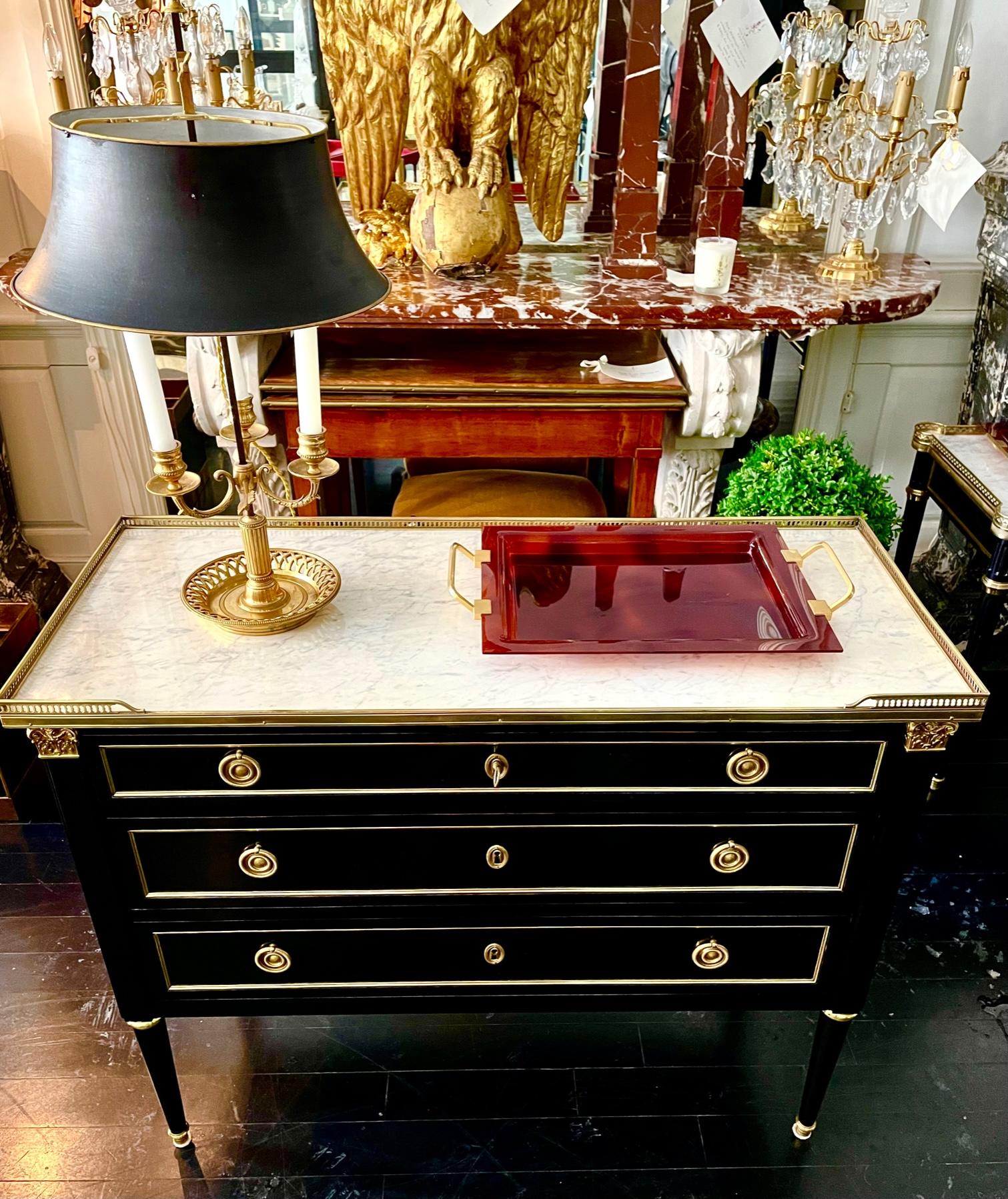 20th Century French Louis XVI Style Ebonized Black Commode Dresser, Marble Top, Bronze Mounts