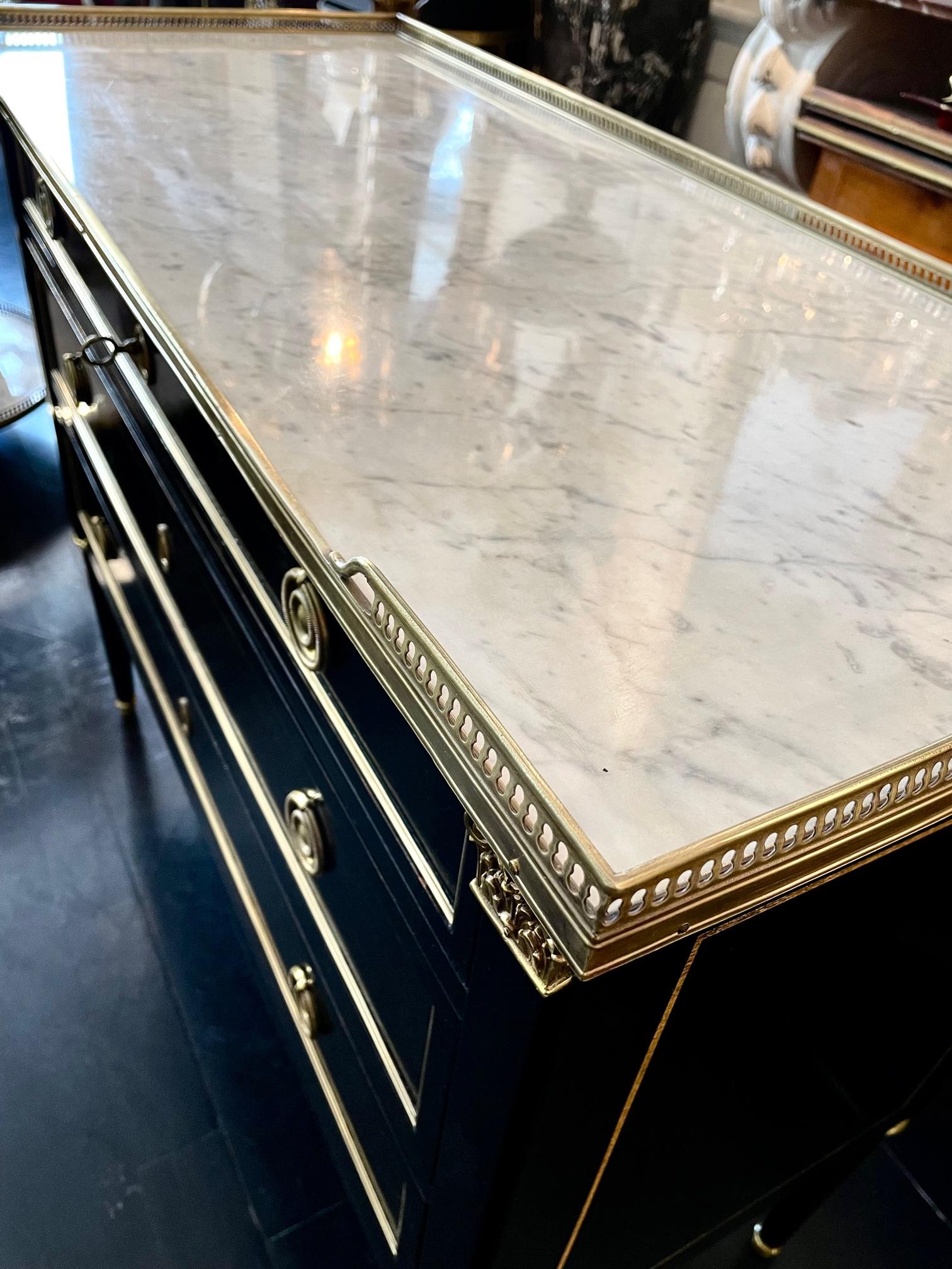 Carrara Marble French Louis XVI Style Ebonized Black Commode Dresser, Marble Top, Bronze Mounts