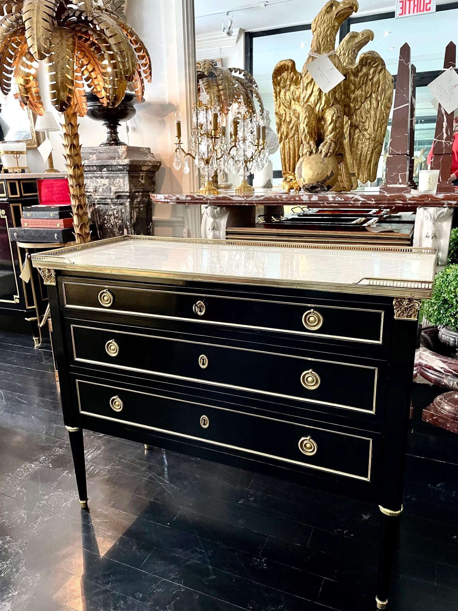 French Louis XVI Style Ebonized Black Commode Dresser, Marble Top, Bronze Mounts 1