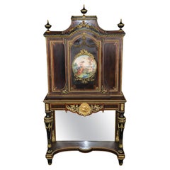 Armario francés estilo Luis XVI ebonizado y bronce con placas de porcelana Att Roulin