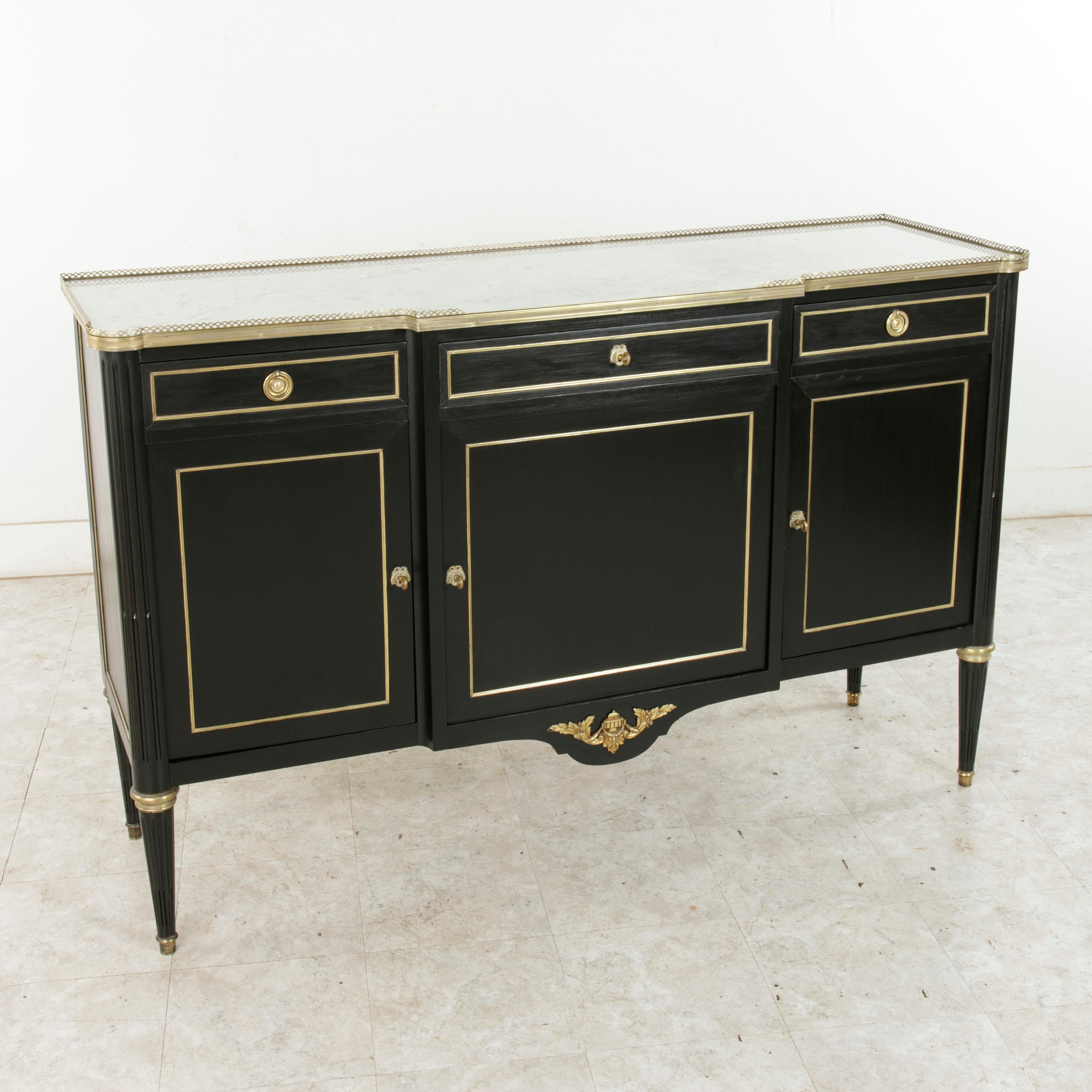 French Louis XVI Style Ebonized Buffet or Sideboard with White Marble Top In Good Condition In Fayetteville, AR