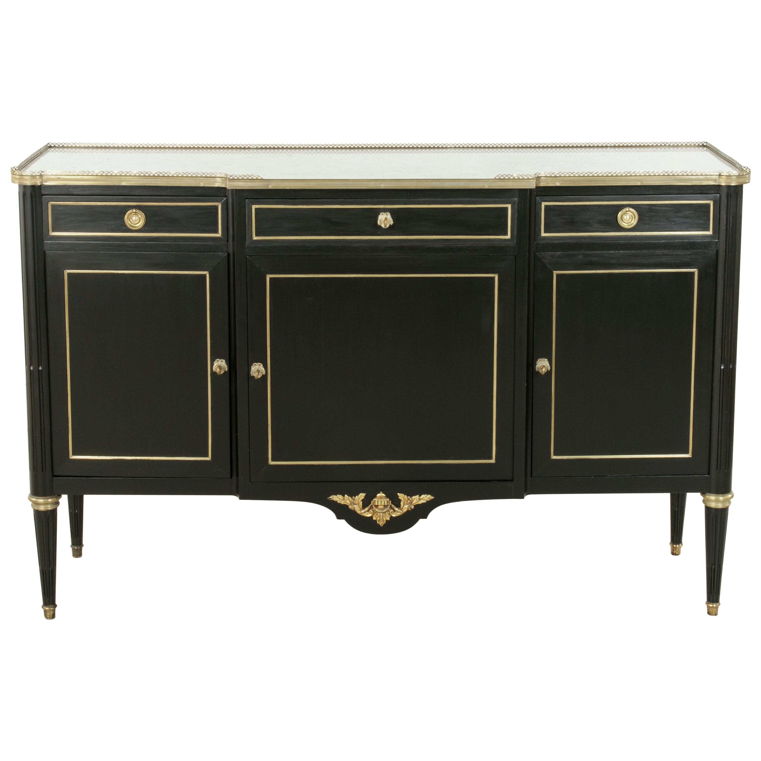 French Louis XVI Style Ebonized Buffet or Sideboard with White Marble Top