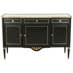 Vintage French Louis XVI Style Ebonized Buffet or Sideboard with White Marble Top