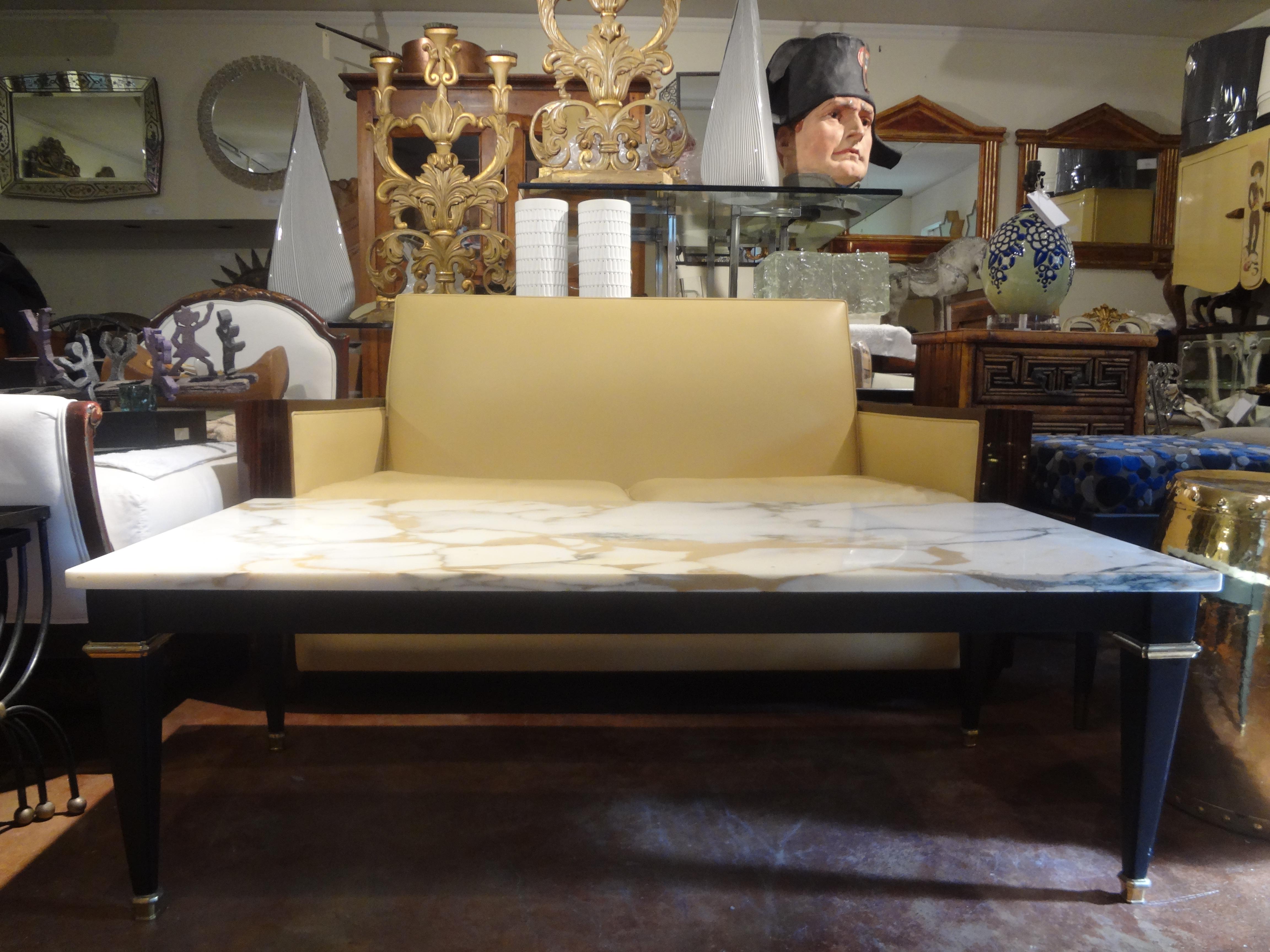 French Louis XVI Style Ebonized Coffee Table with Marble Top For Sale 2