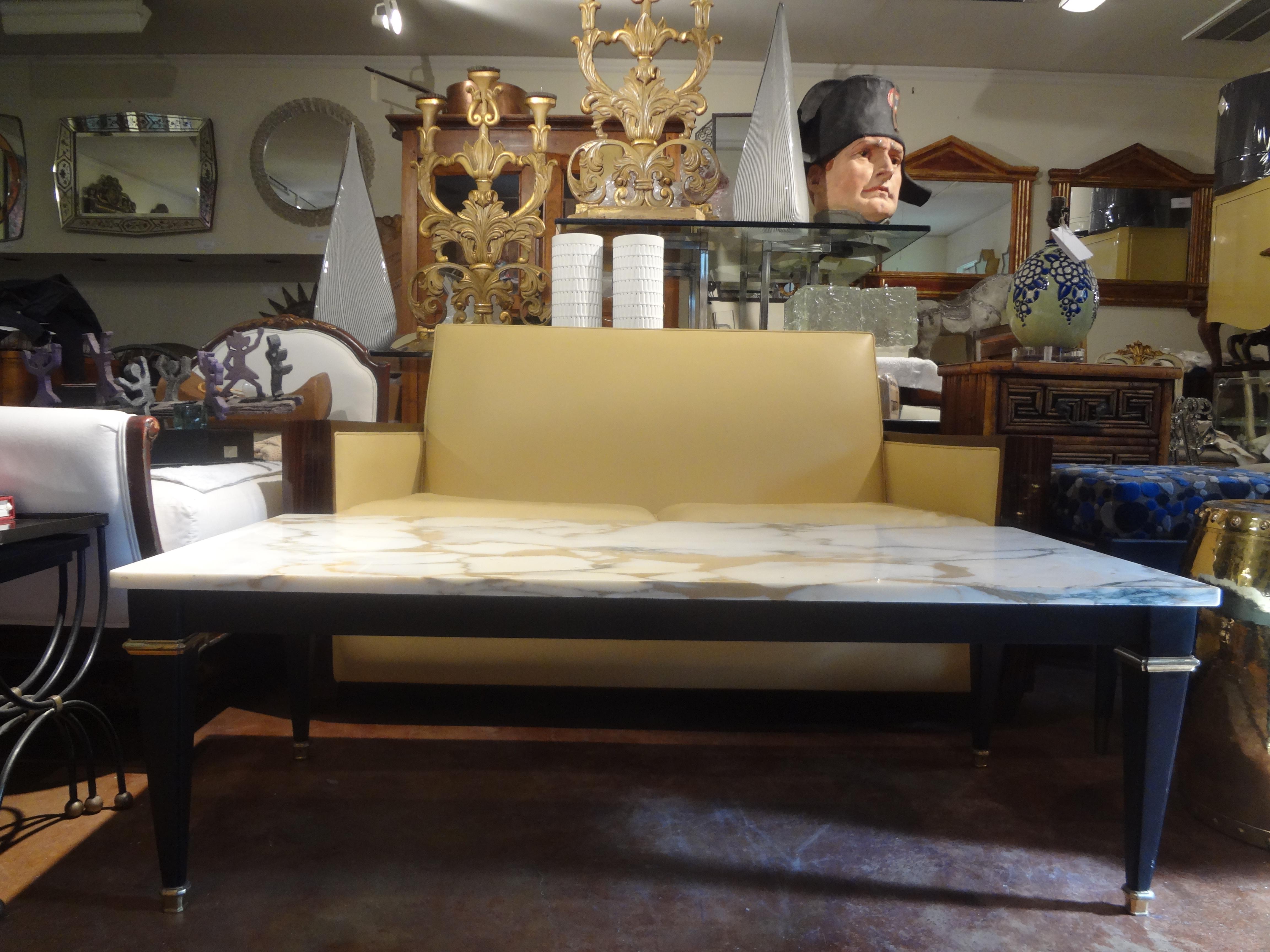 French Louis XVI Style Ebonized Coffee Table with Marble Top For Sale 3