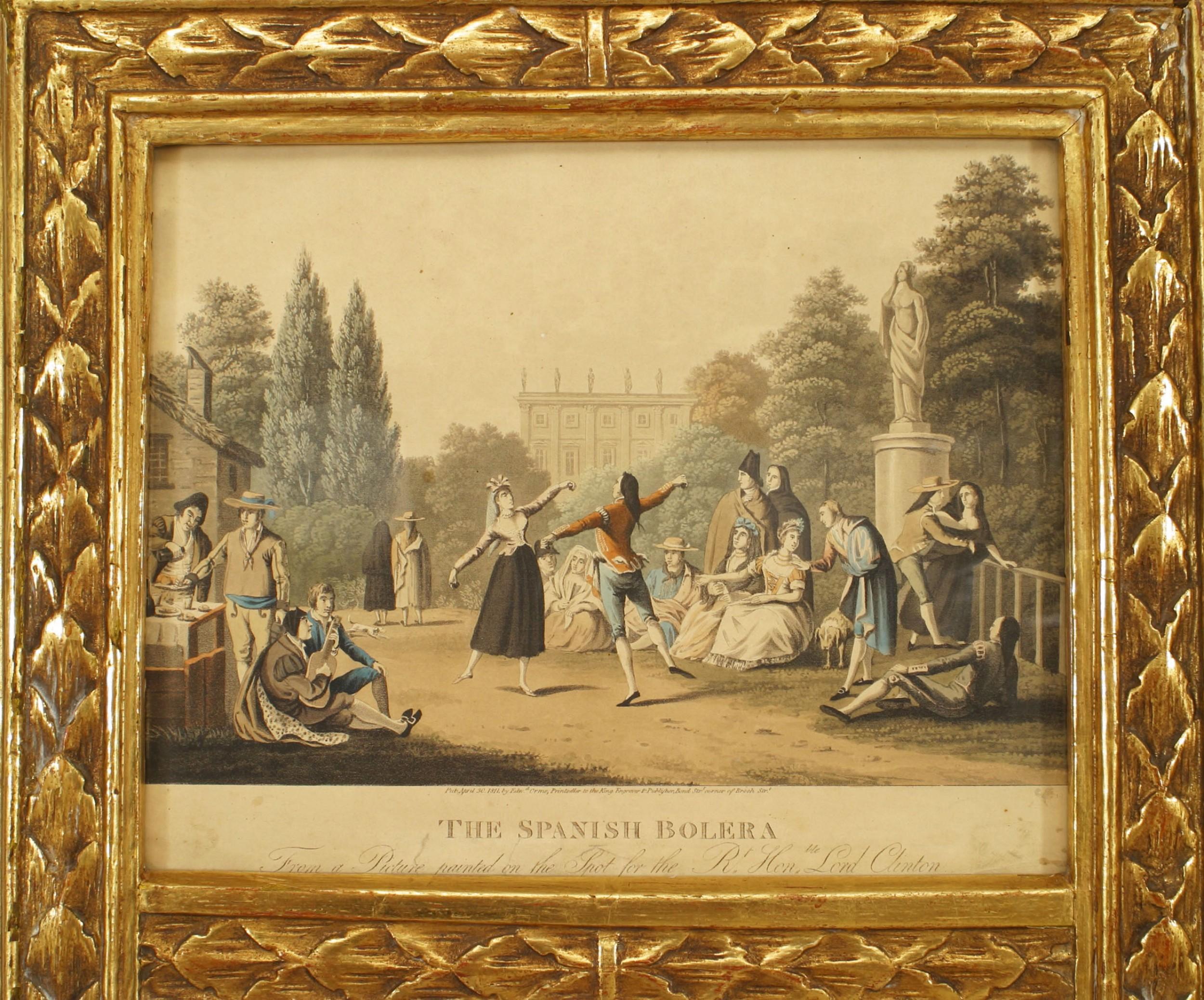 Miroir mural en bois doré sculpté de style Louis XVI (19e siècle). Le panneau supérieur est orné d'une gravure en couleur représentant une scène avec deux danseuses.
