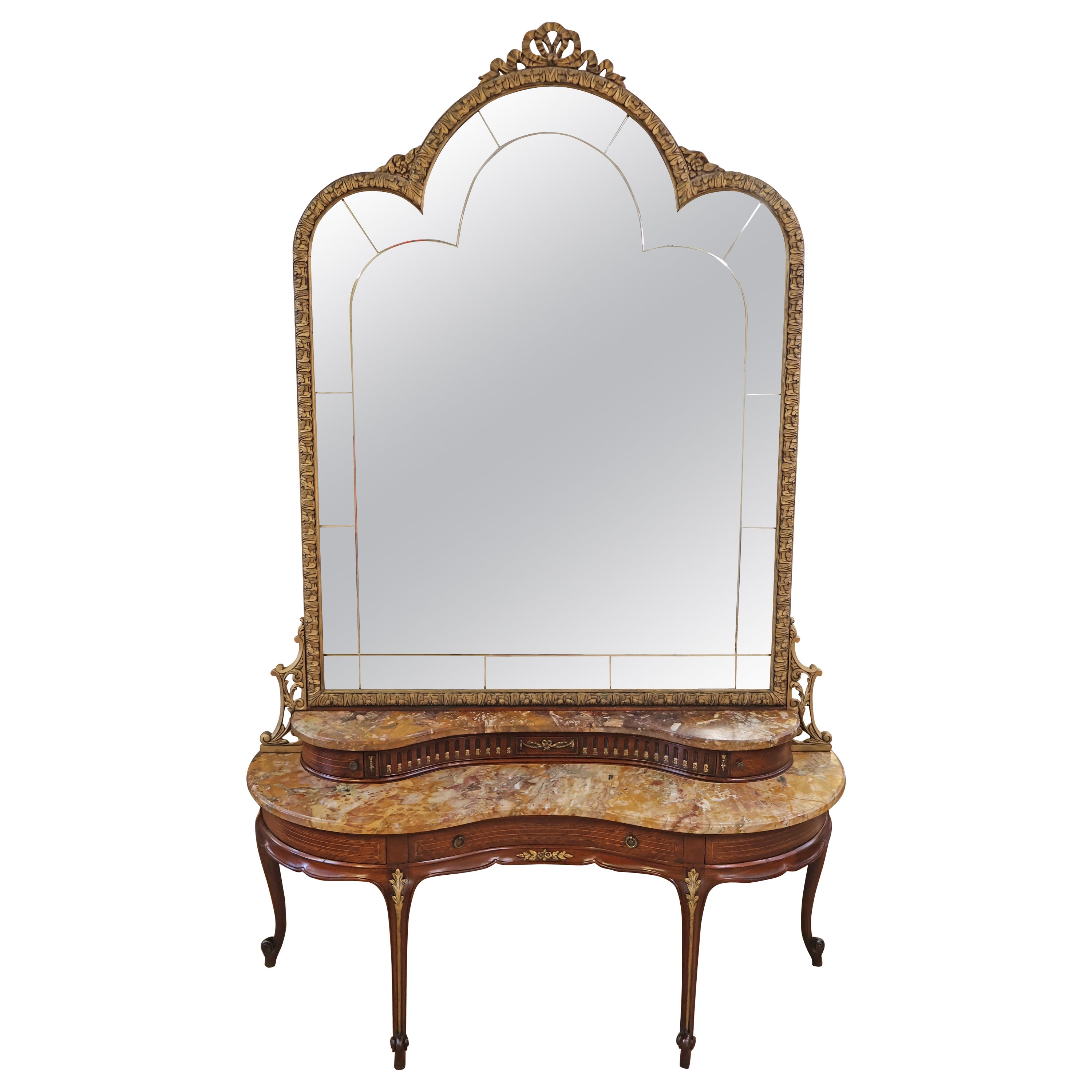 French Louis XVI Style Etched Gold Mirror Marble Top Kingwood Vanity Circa 1920