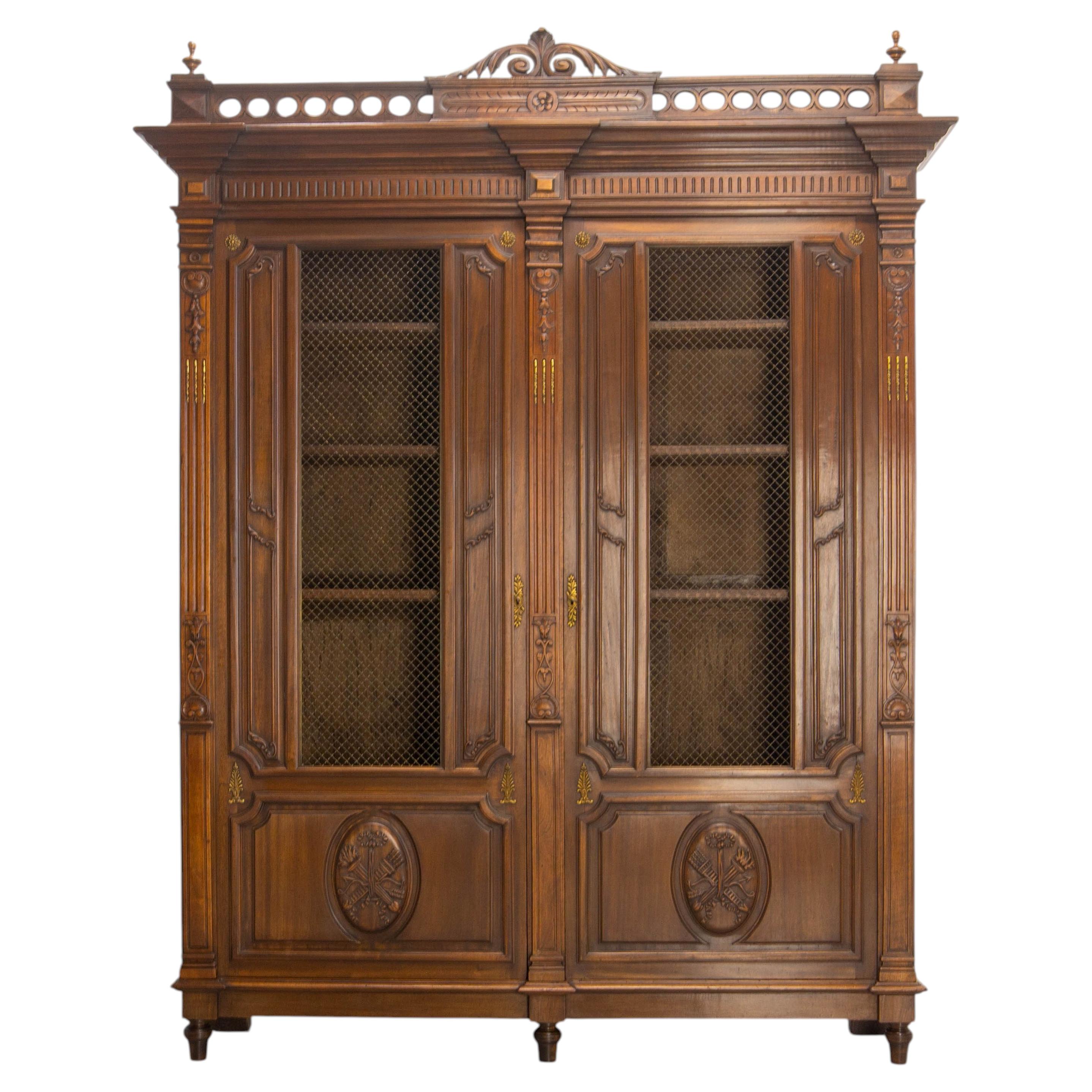 French Louis XVI Style Exotic Wood Wire-Mesh Book Case Armoire C. 1890 For Sale